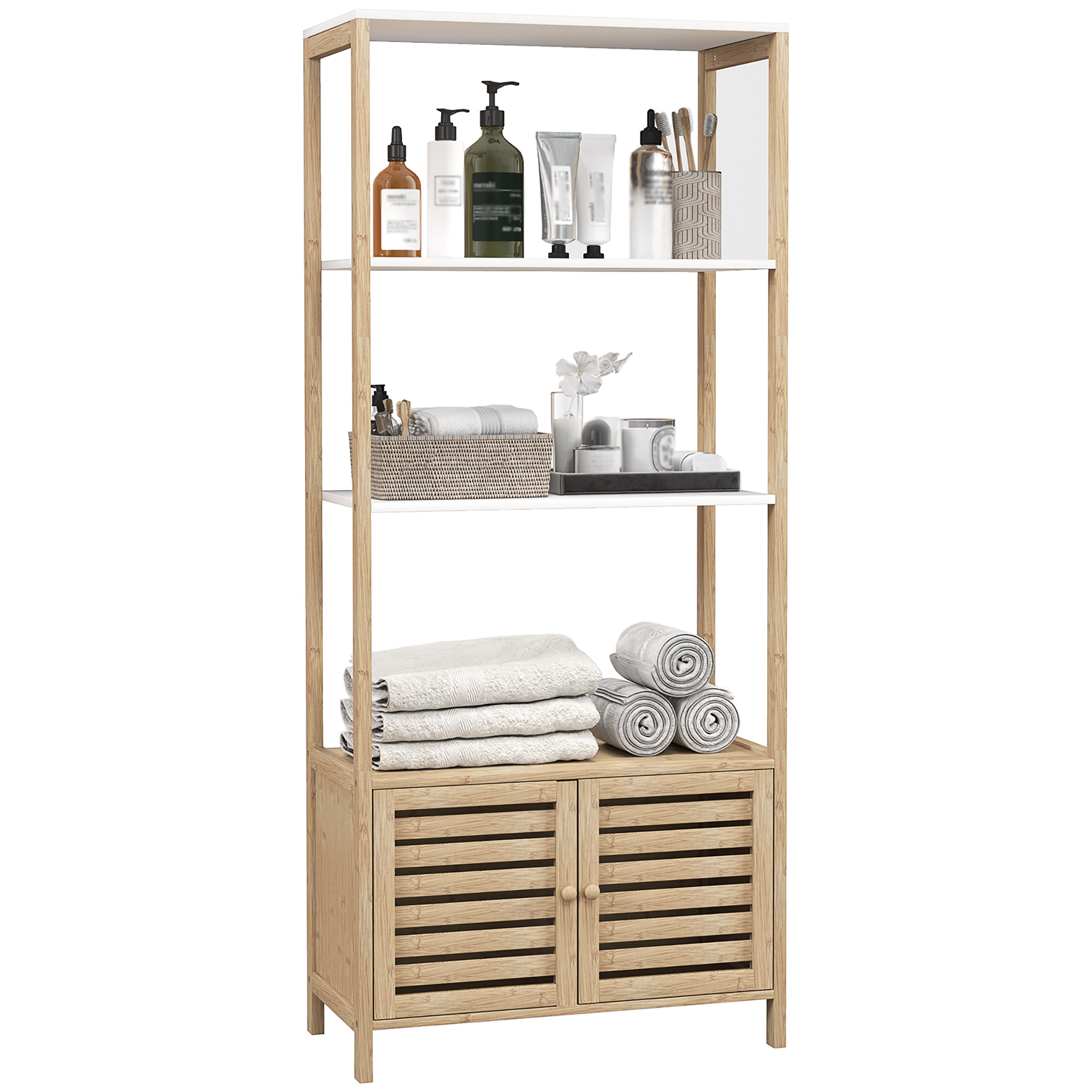 HOMCOM Estantería de Baño de Bambú con 3 Estantes Abiertos Puertas de Lamas 63x30x138 cm Natural y Blanco