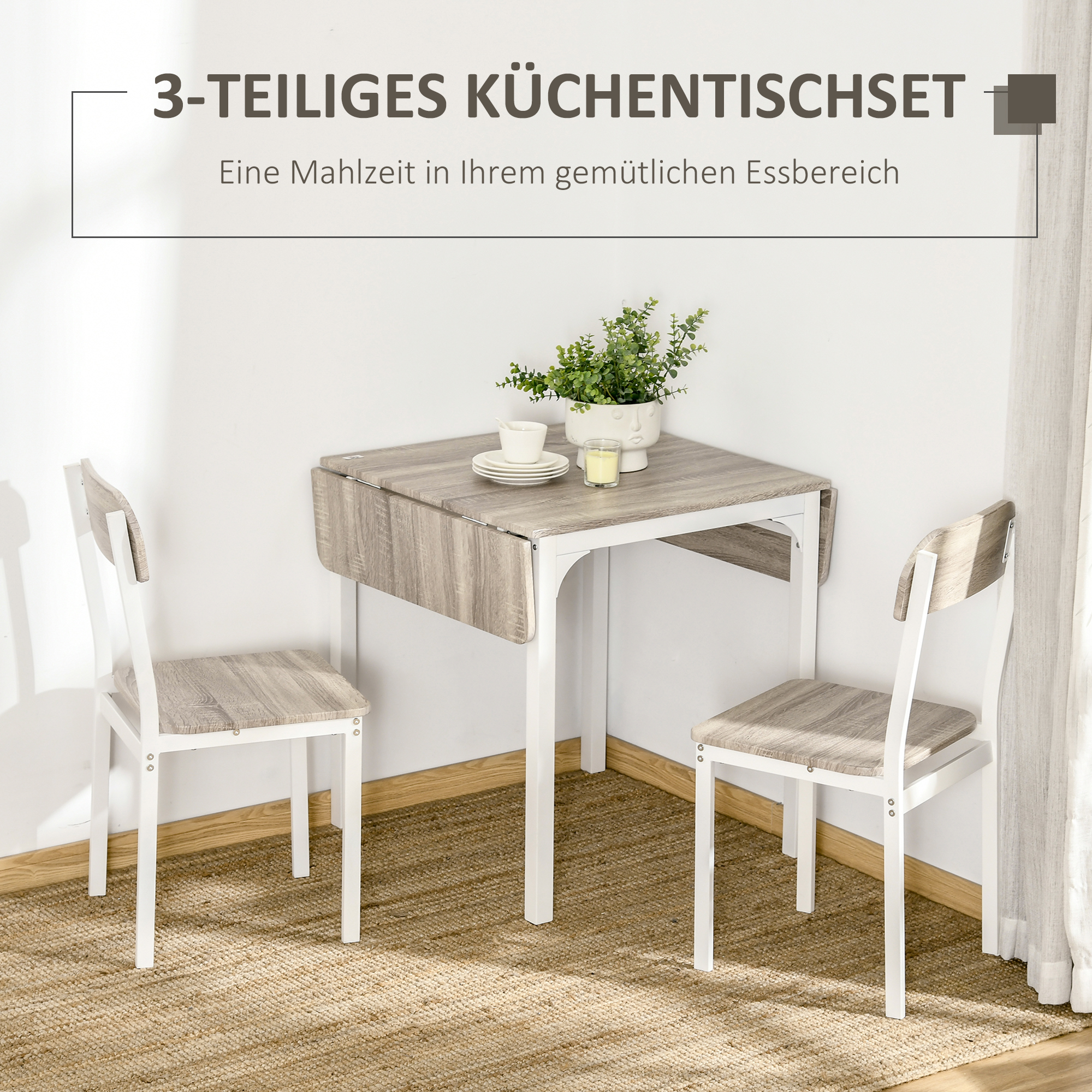 HOMCOM Sitzgruppe 3-teilig mit Klapptisch Weiß + Natur