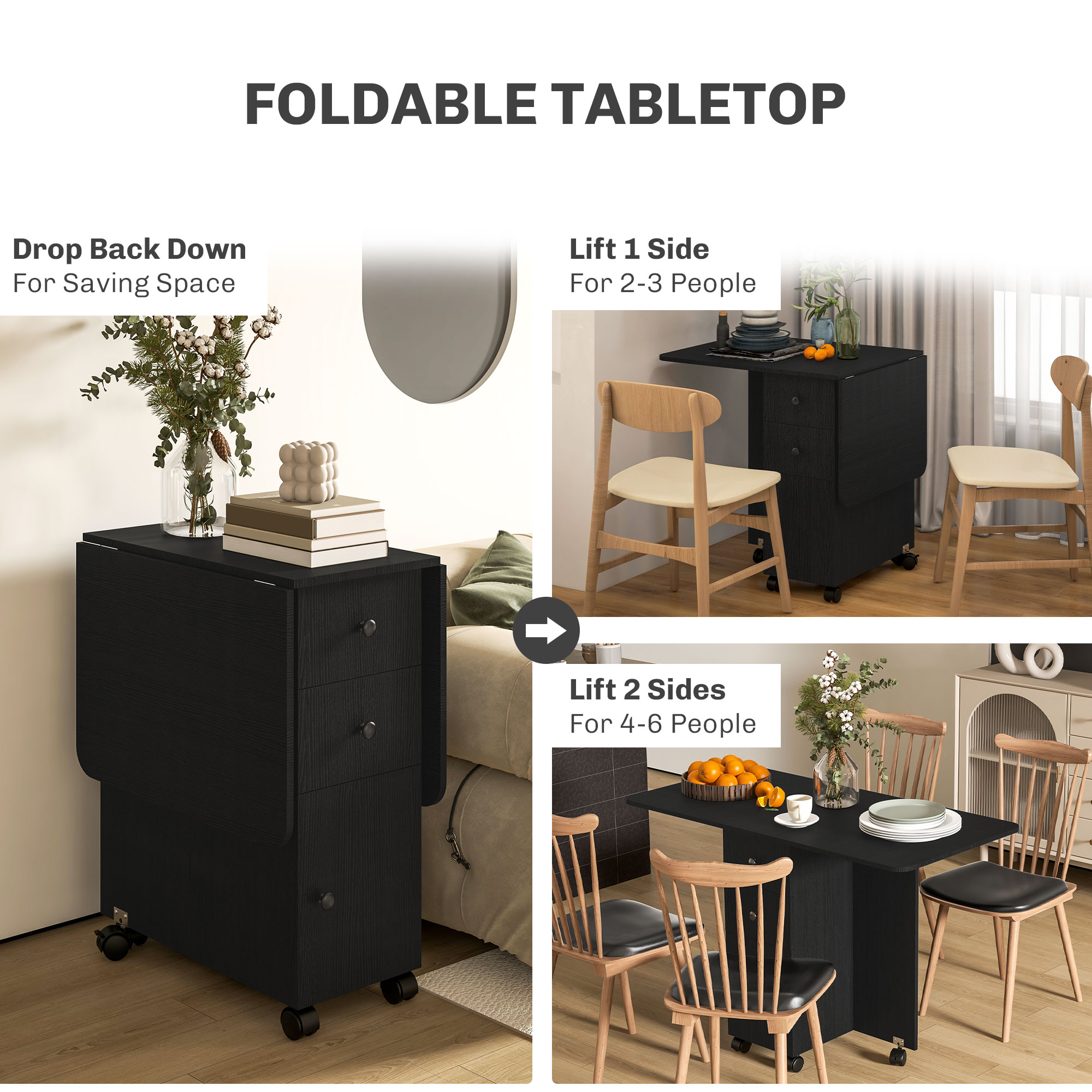 HOMCOM Multi-Storage Six-Person Drop Leaf Dining Table Distressed Black 5