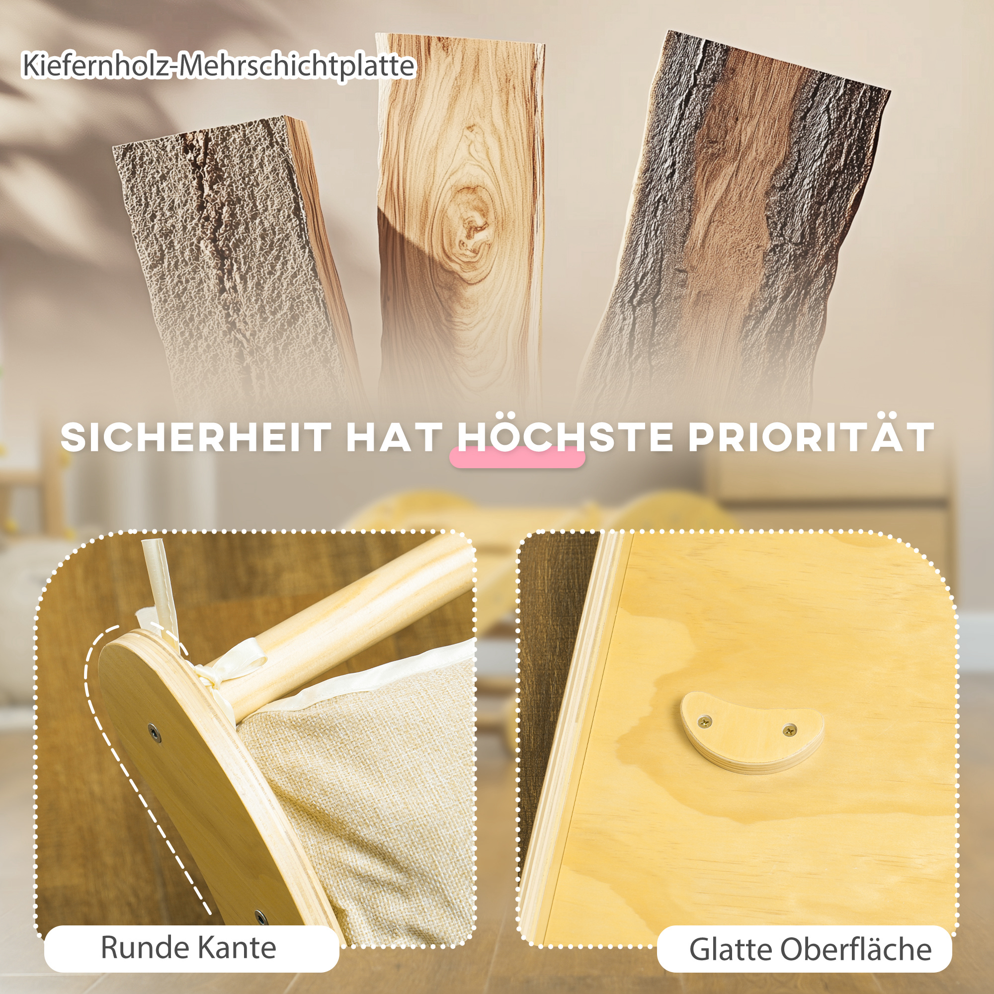 Laste ronimiskomplekt, 4-ühes disain kaarja silla, kiigu, padja ja liumäega, siseruumides kasutamiseks, puit
