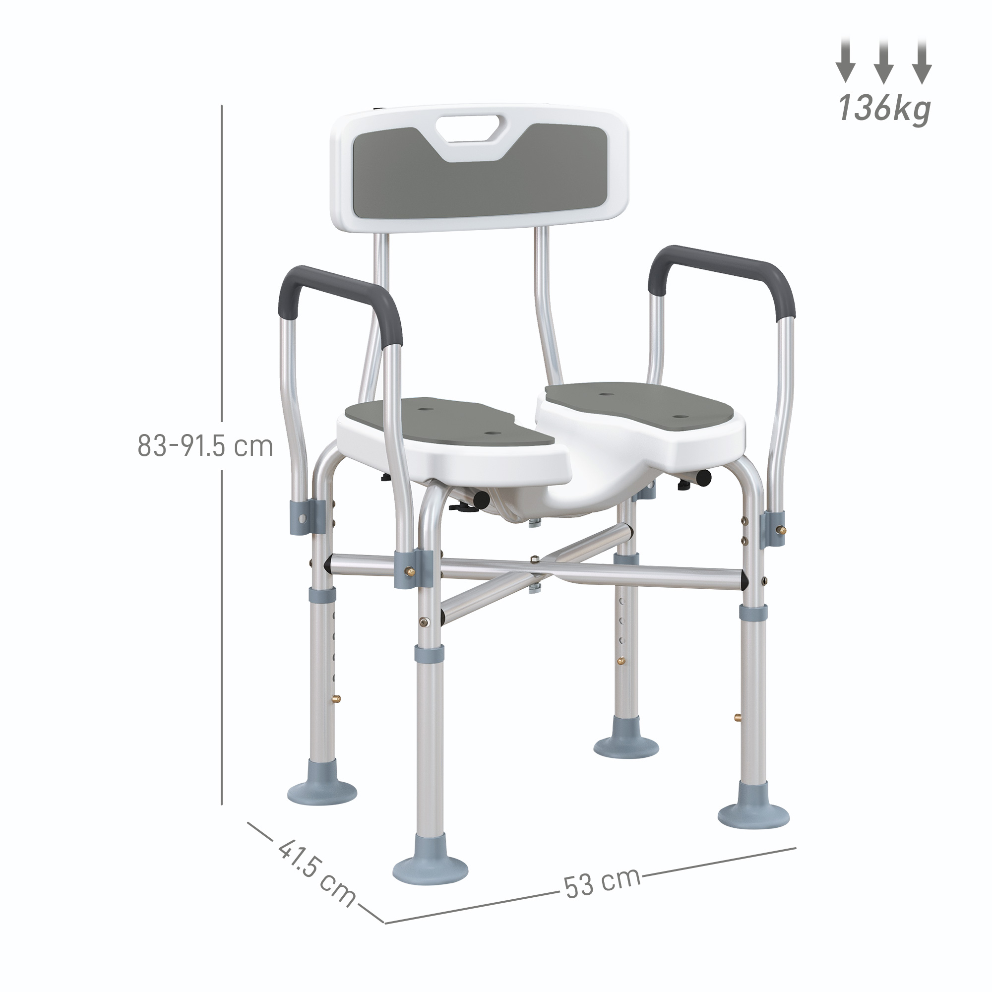 HOMCOM Shower Chair with Hygiene Cut-Out Seat and Reinforced Crossbars, Height Adjustable Padded Bath Chair with Non-slip Feet for Elderly Seniors Disabled Handicap, Tool-Free Assembly, Grey 3