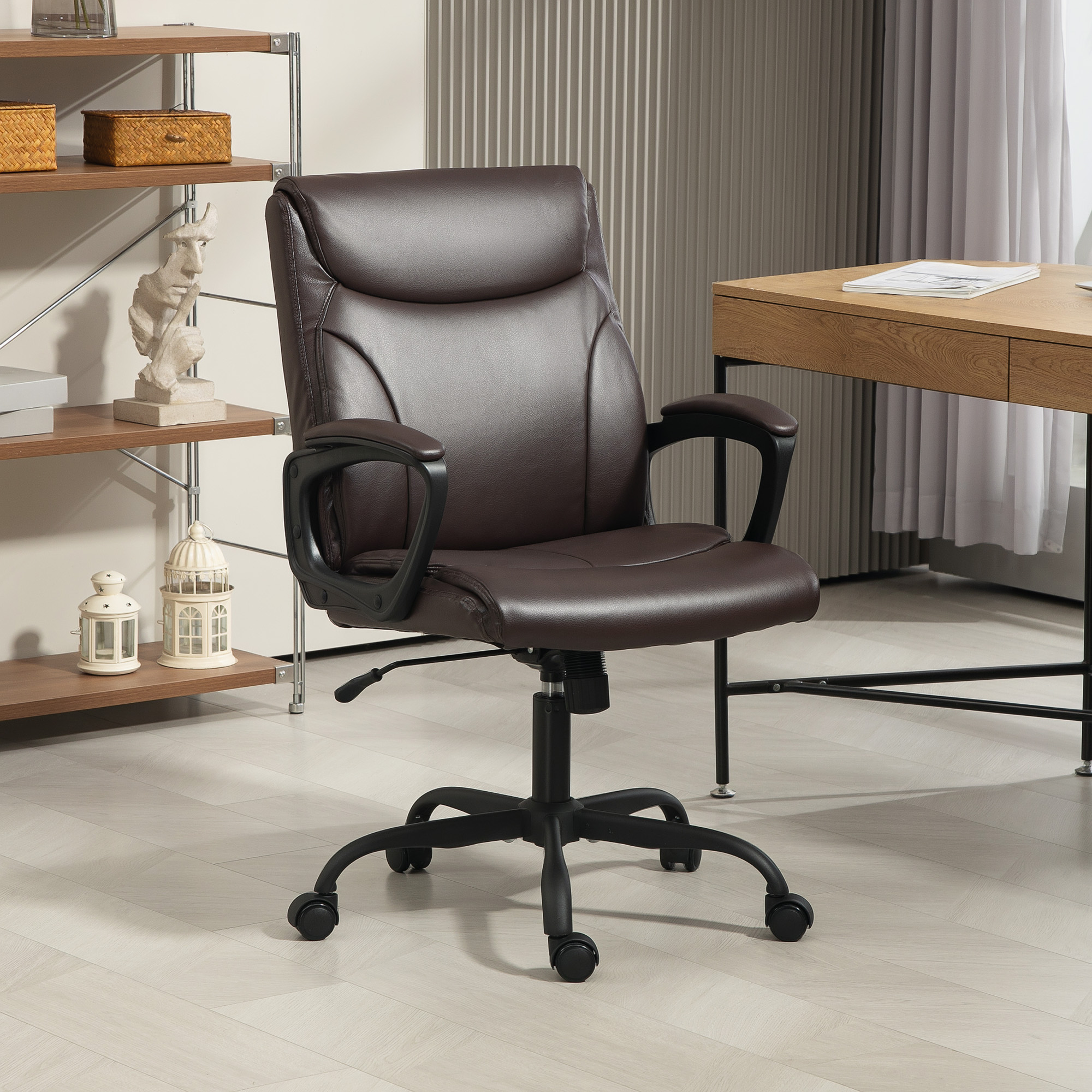 HOMCOM Executive Office Chair, Faux Leather Desk Chair with Height Adjustable, Swivel Wheels and Tilt Function, Computer Chair for Home Office and Study Room, Brown 2