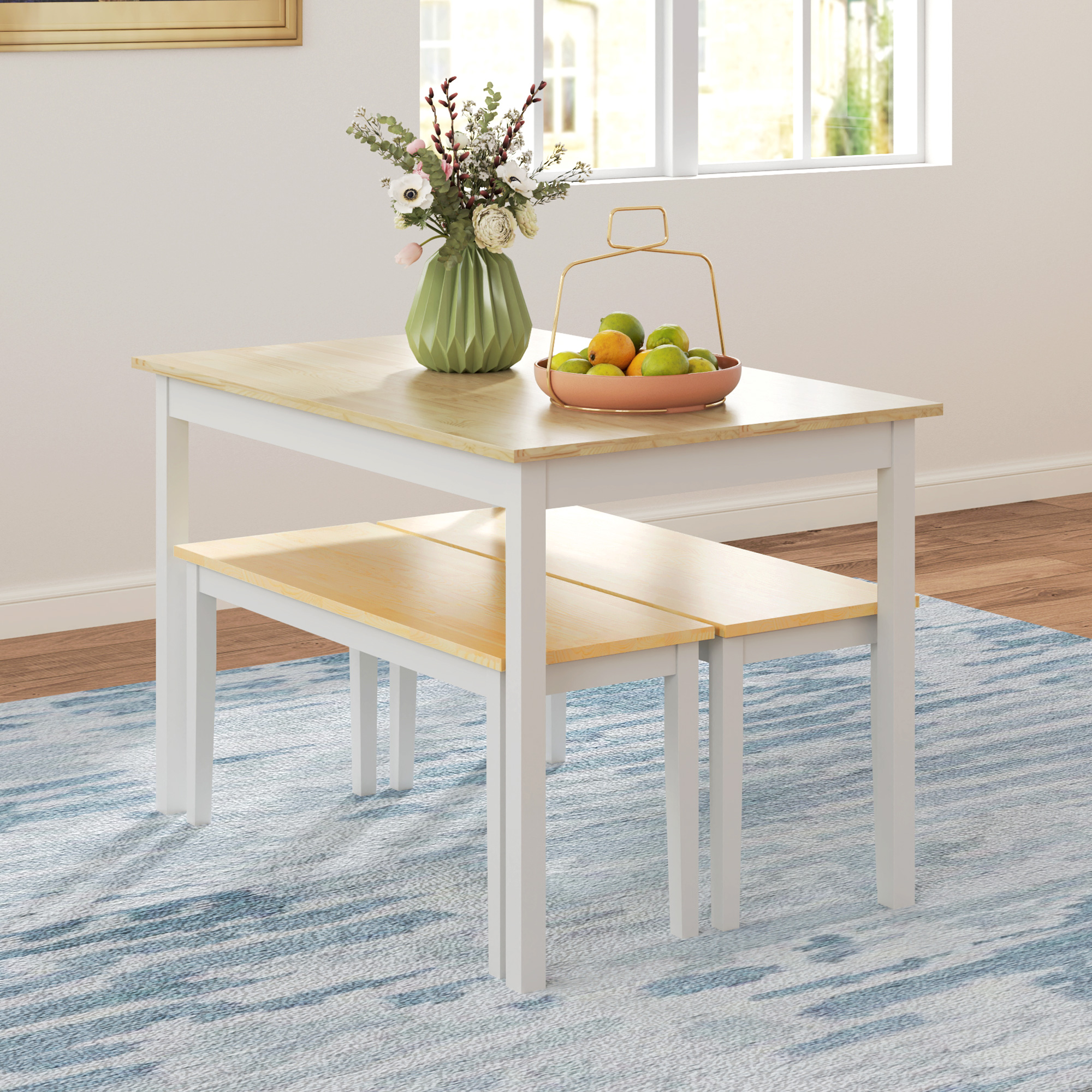 HOMCOM Dining Table and Bench Set, Farmhouse Kitchen Table and Bench with Wooden Frame for Living Room, Dining Room, Natural and White 6