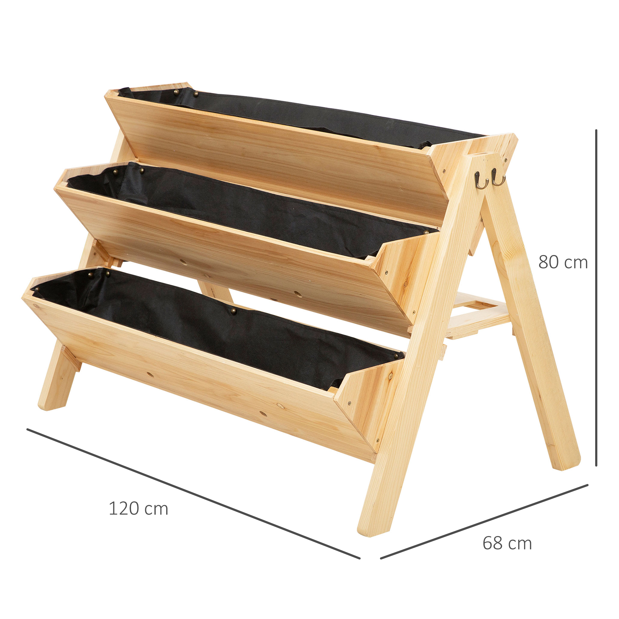 Outsunny 3 Tier Raised Beds for Garden, Wooden Planter Boxes with Clapboard and Hooks, 142L, 120 x 68 x 80cm 3