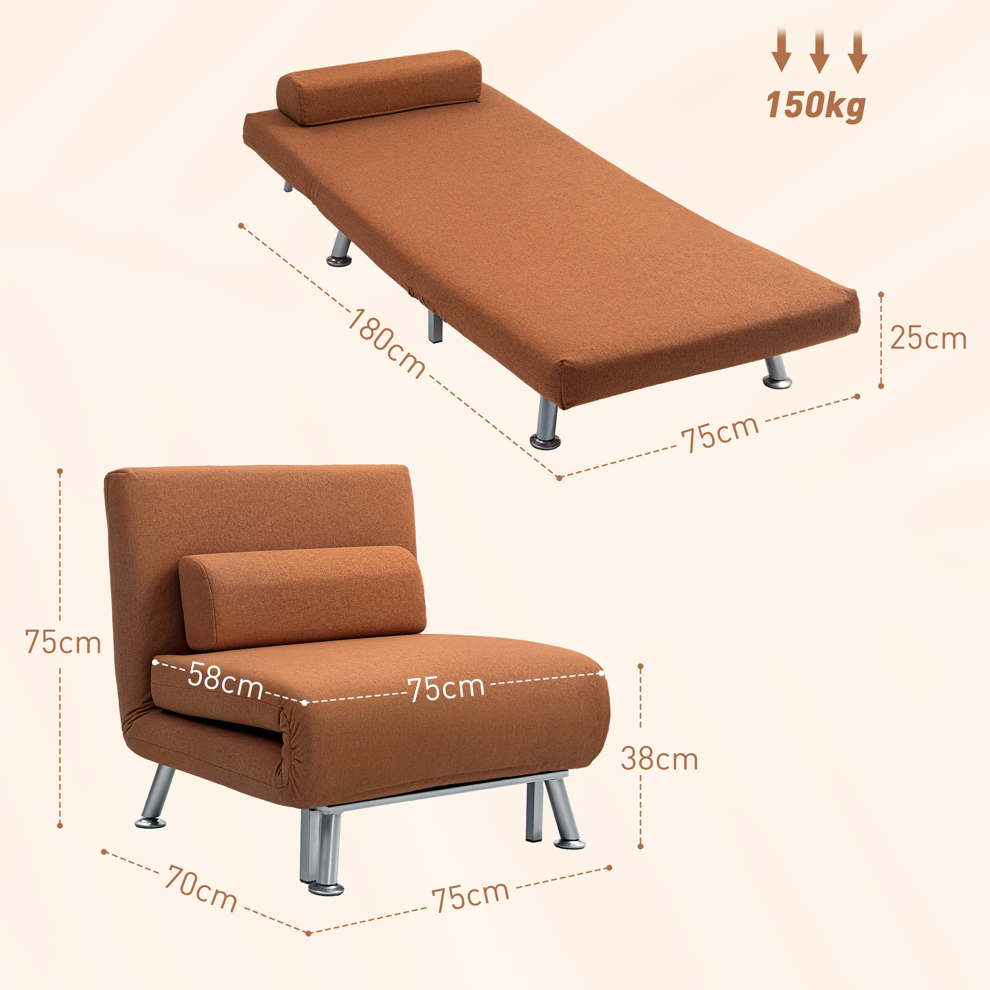 HOMCOM Single Linen-Feel Sleeper Chair Coffee 3