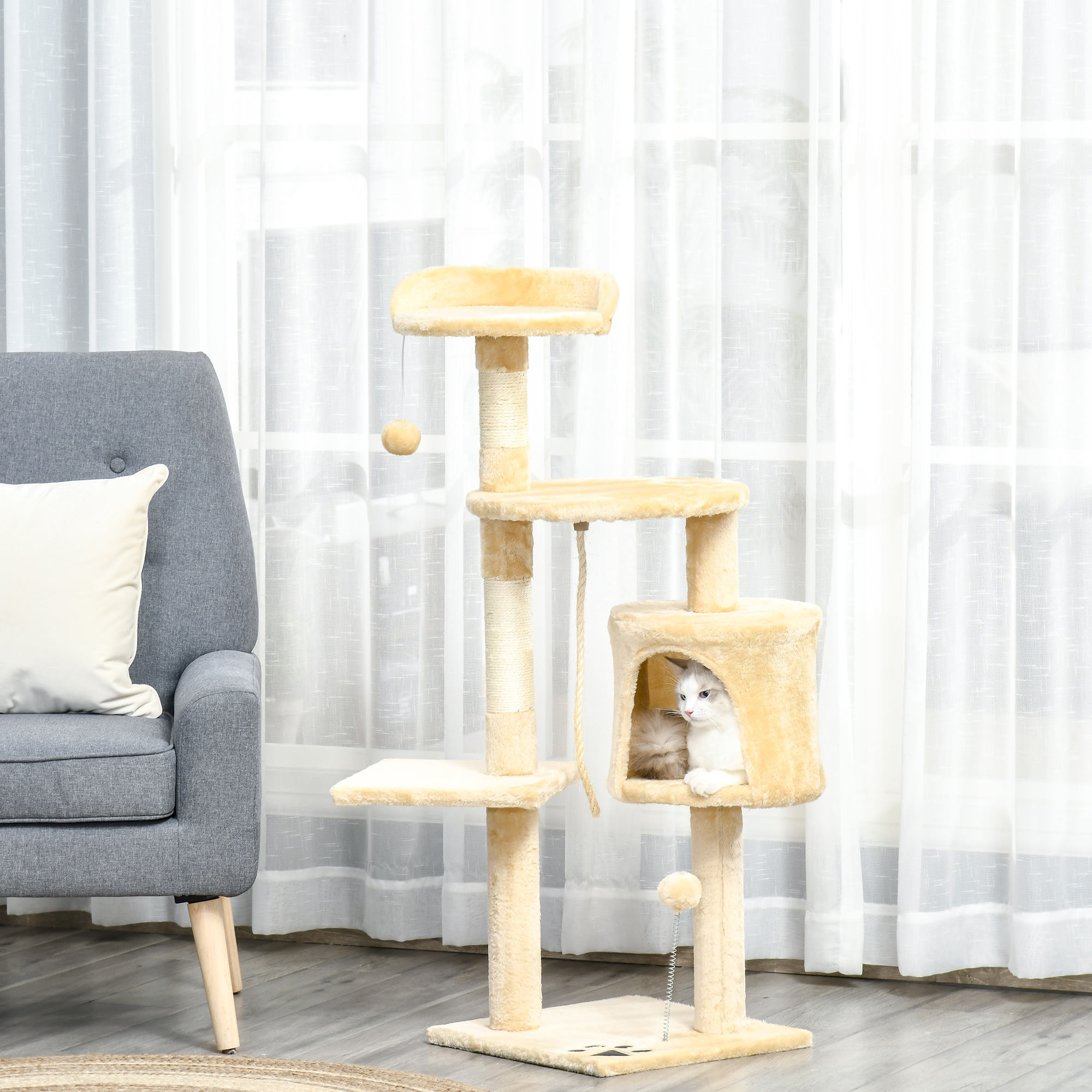 PawHut Cat Tree for Indoor Cats Pet Activity Centre Kitty Condo Climbing Scratching Post with Toys 4-tier 114cm Tall Beige 2