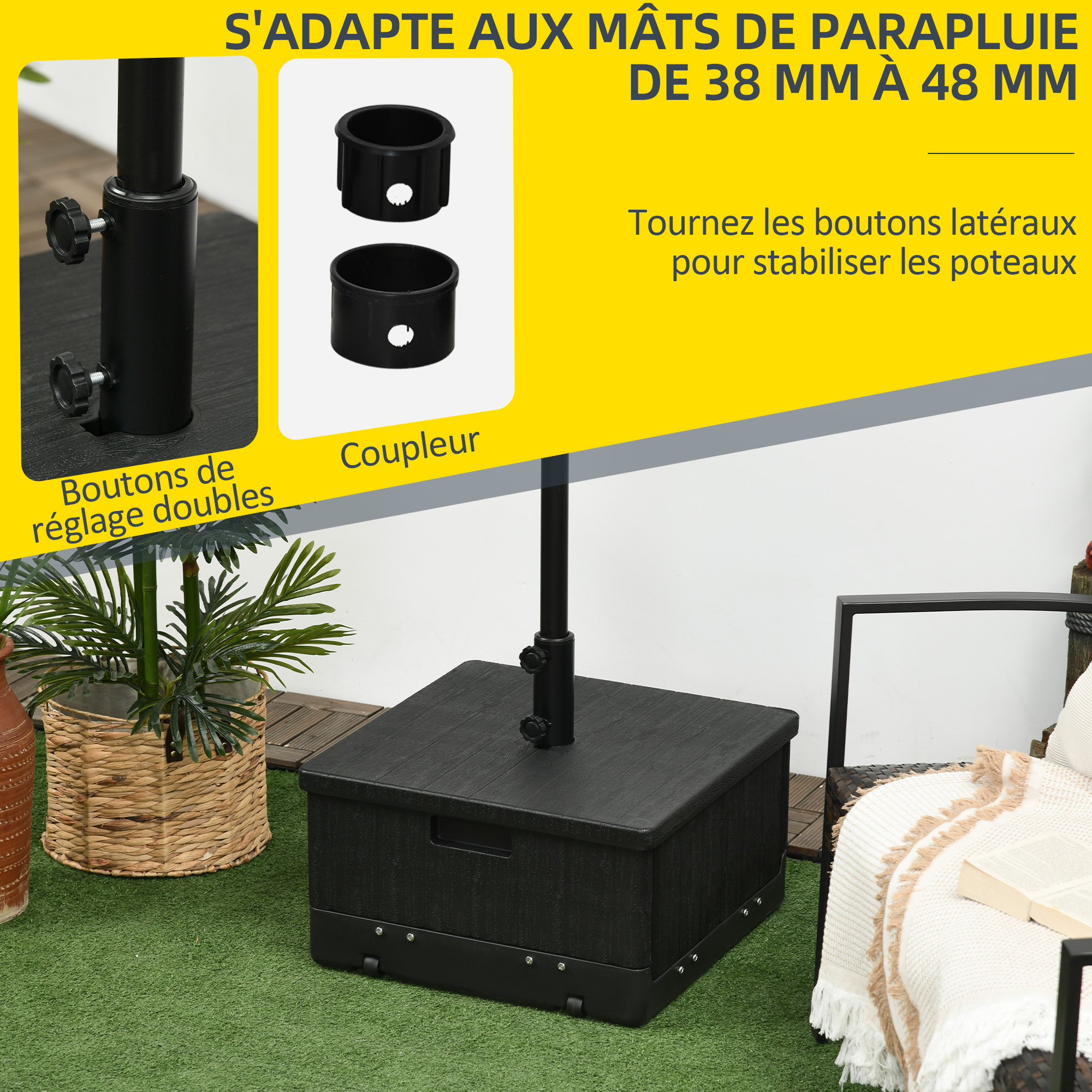 Outsunny Base Parasol 3-en-1 Avec Roues – Pied Lesté 80 Kg + Table Basse Jardin + Parterre Fleurs, PE Et Métal Noir