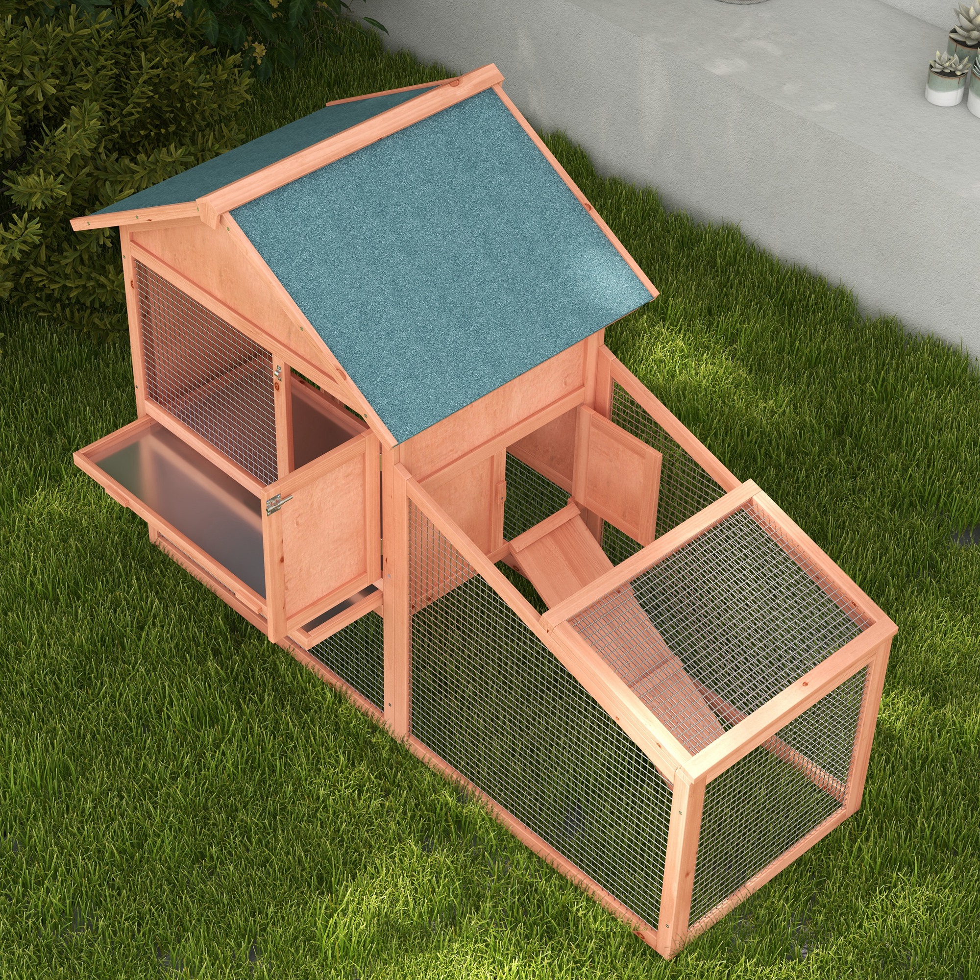 PawHut 2 Tier Rabbit Hutch Outdoor, Guinea Pig Hutch, Solid Wood Bunny House, Water Resistant Asphalt Roof Ramp Sliding tray 144 x 64.5 x 100 cm 9