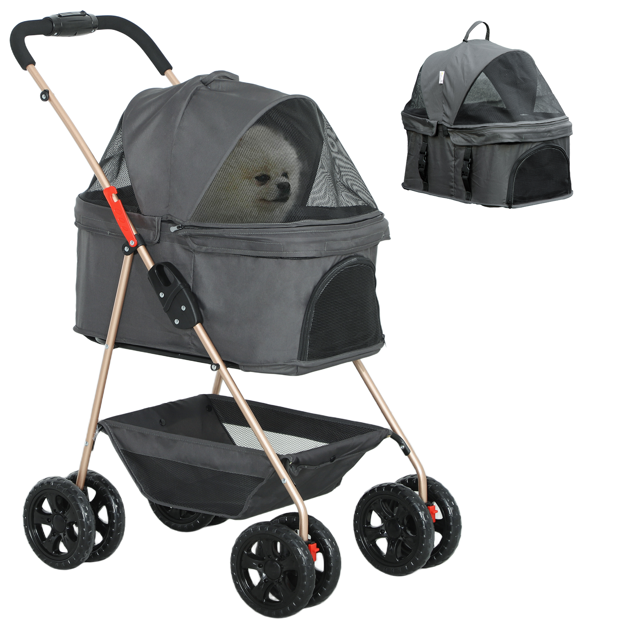 PawHut PawH 3-in-1 Pet Stroller, Folding 4 Wheel Dog Pram with Detachable Carrier for Mini Dogs, Cats, Black