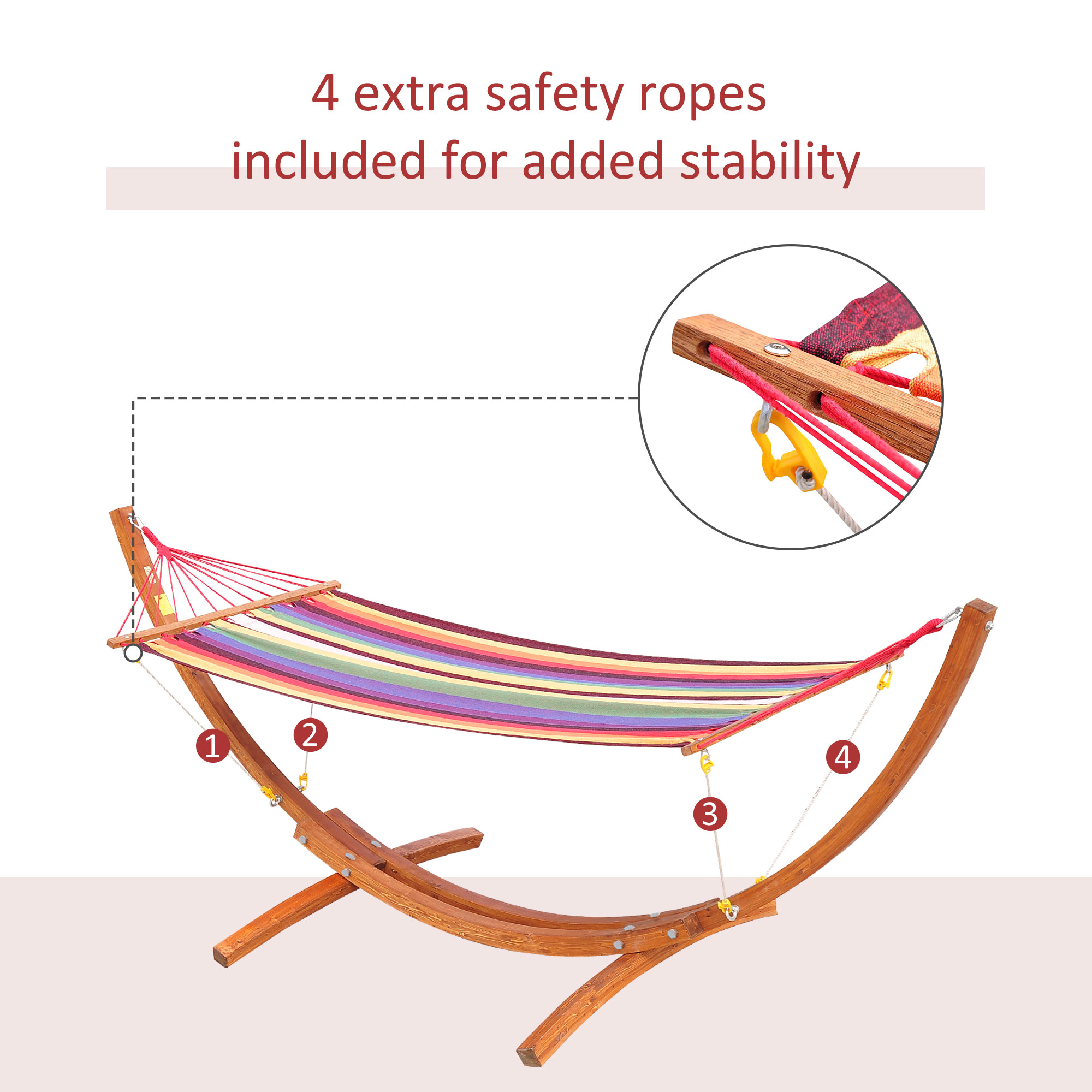 Outsunny Outdoor Hammock with Stand, Free Standing Hammock with Arc Wooden Frame and 200 x 100cm Fabric, Garden Swing Hanging Bed with Safe Ropes, Multicolour 5