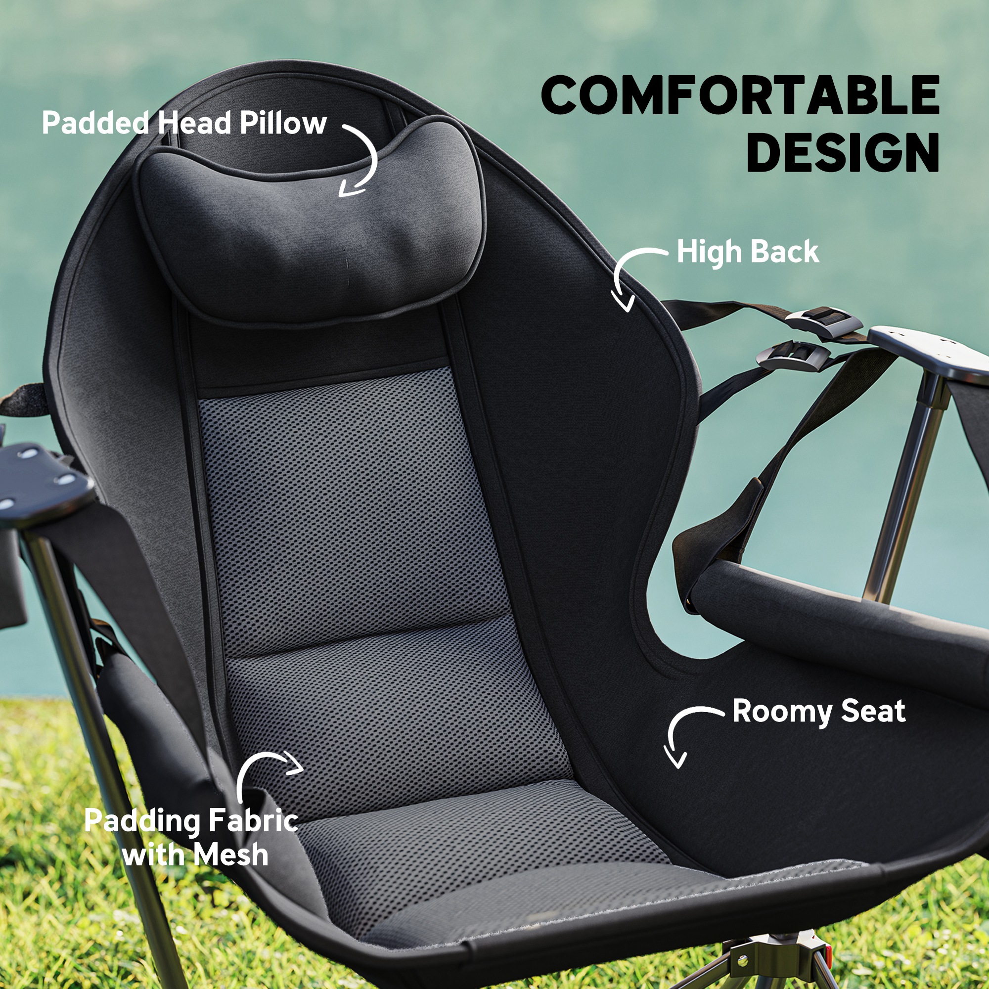 Outsunny Hammock Camping Chair Set of 2, Adjustable Back Portable Swinging Camping Chair with Cup Holder, Headrest, Padded Seat and Carry Bag for Travel Fishing Hiking, Black 5