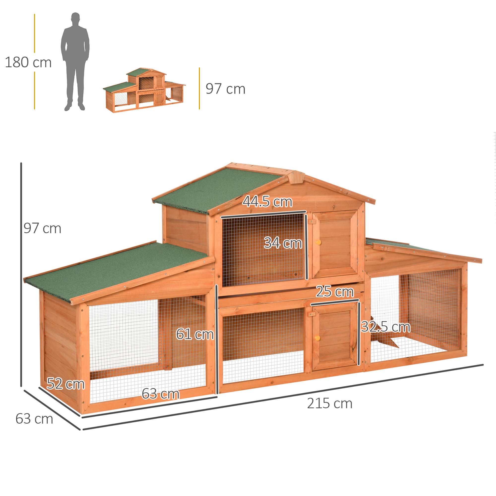 PawHut Large Rabbit Hutch Outdoor, Guinea Pig Hutch, Wooden Small Animal House, with Rabbit Run, 215 x 63 x 97 cm 3
