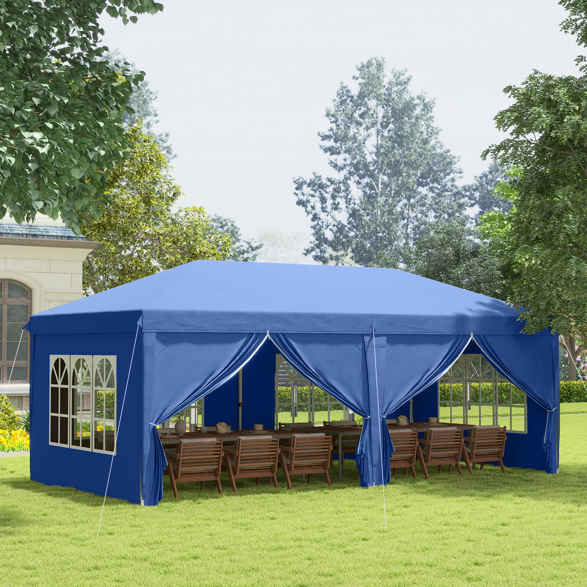 Outsunny 3 x 6 m Garden Pop Up Gazebo, Wedding Party Tent Marquee, Water Resistant Awning Canopy with Sidewalls, Windows, Carry Bag, Blue 2