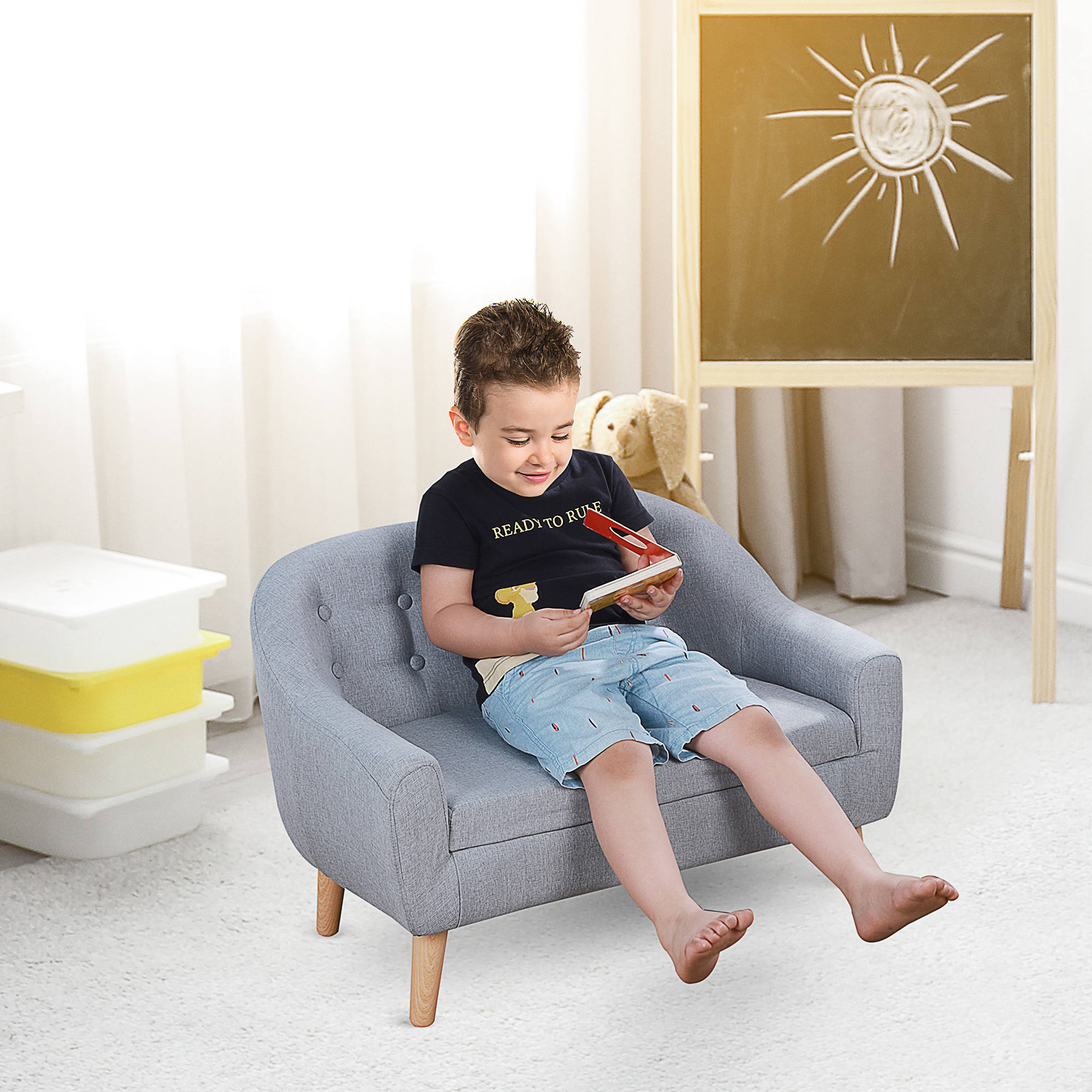 HOMCOM Children's Armchairs Kids Armchair Toddler Chair 2 Seater Wood Frame Mini Sofa for Bedroom Playroom Grey 2