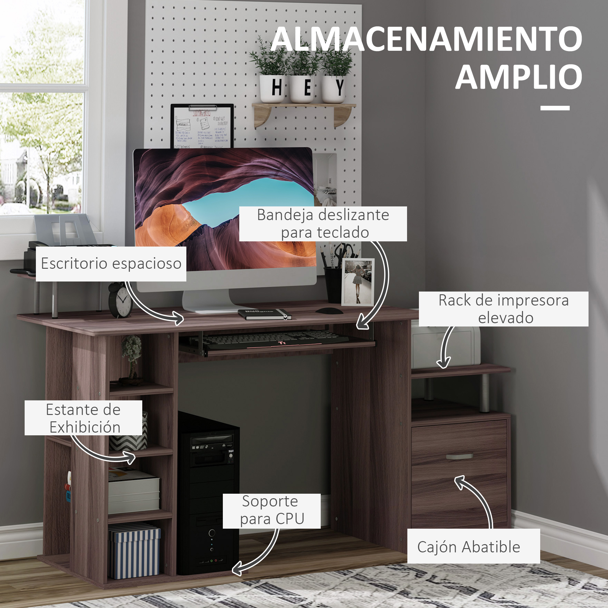 Bureau JUMMICO 120x60x75 Cm - Table Ordinateur Compacte, Cadre Métal Robuste, Plateau Marron, Pour Télétravail, Maison - 4