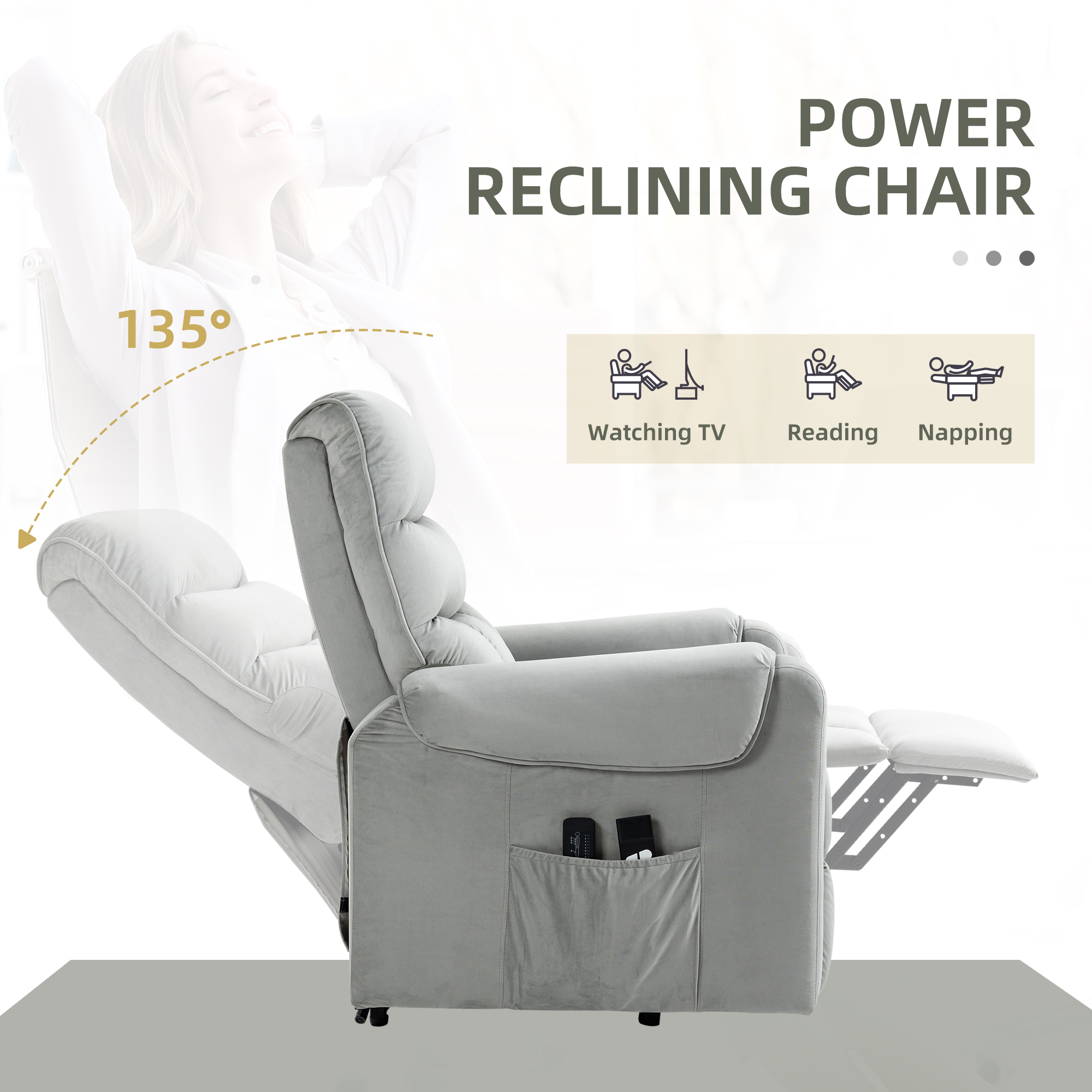 HOMCOM Vibration Massage Rise and Recliner Chair, Electric Power Lift Recliner with Remote Control and Side Pockets, Grey 5