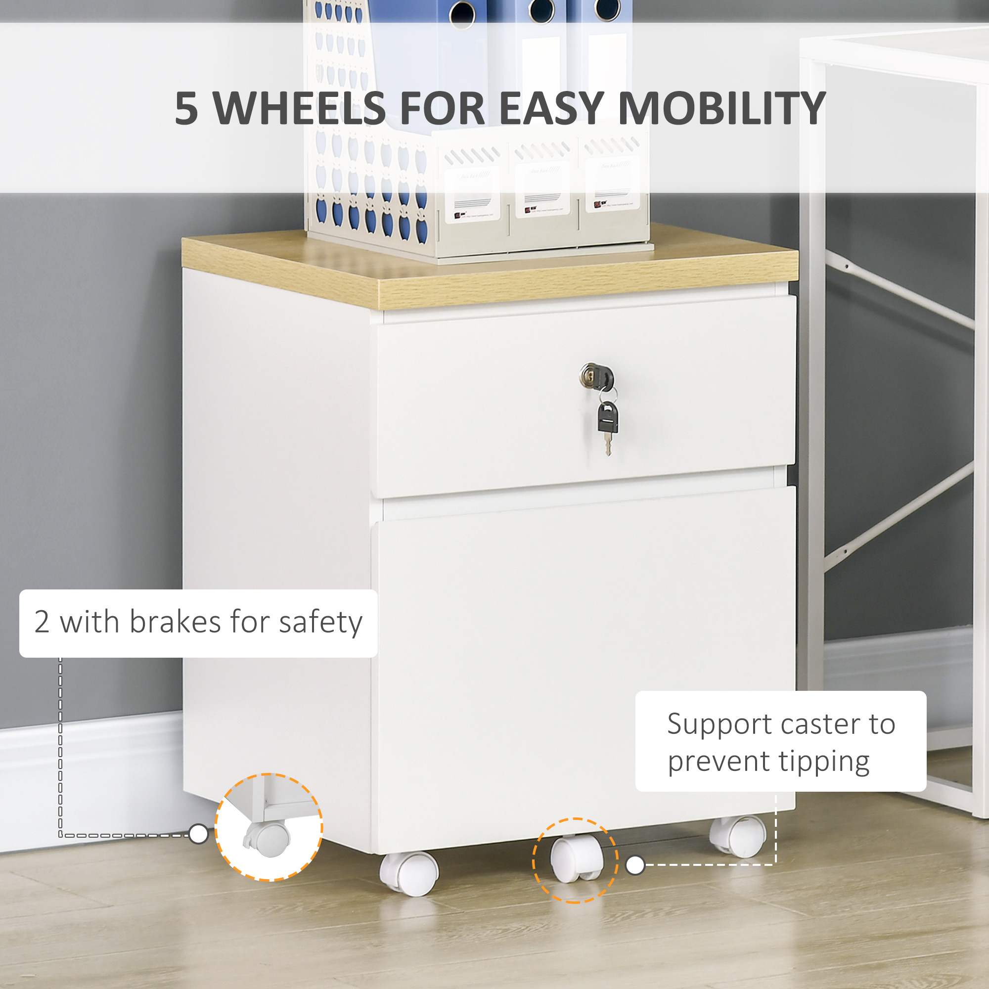 Vinsetto 2-Drawer Filing Cabinet with Lock, Mobile File Cabinet with Hanging Bars for Legal Size and Wheels, Home Office Study, White 7
