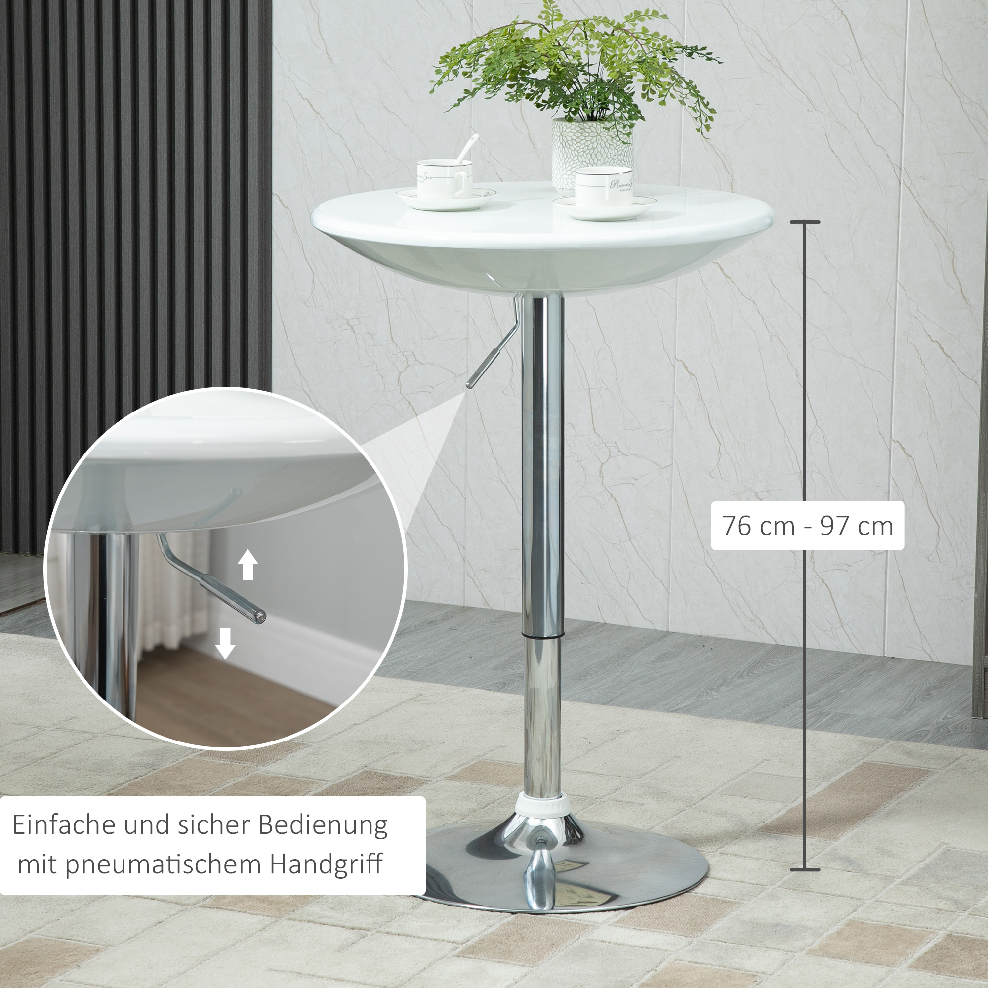 Baarilaud, moodne söögilaud, kõrgusega reguleeritav bistroolaud, seisulaud, letilaud, kirjutuslaud, ümmargune, metall, ABS-lakk, valge, Ø61 x 76-97 cm