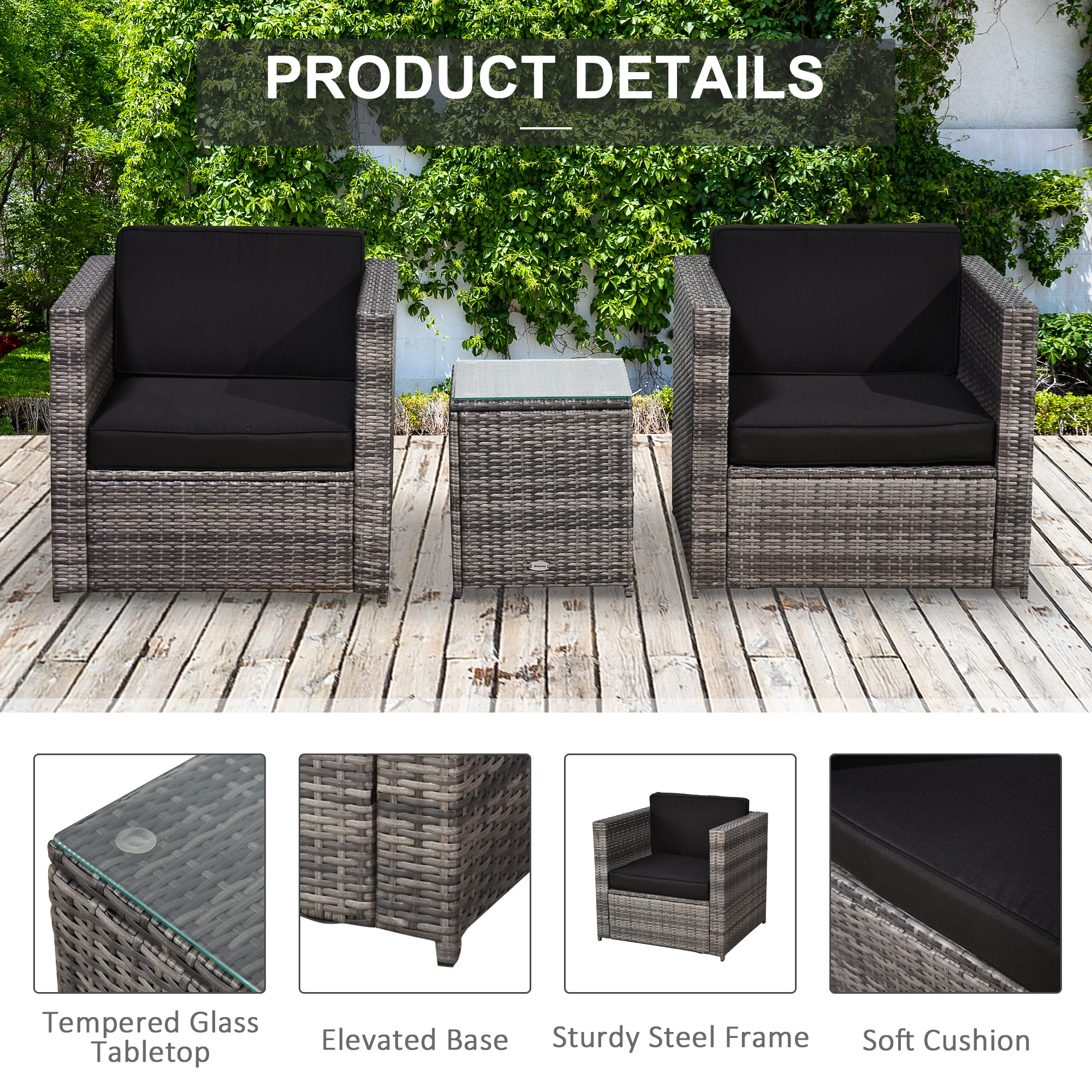 Outsunny 3 Pieces Rattan Bistro Set, Wicker Garden Furniture Set with Glass Top Coffee Table and Chairs, Thickened Washable Cushions for Outdoor, Patio, Balcony, Grey 6