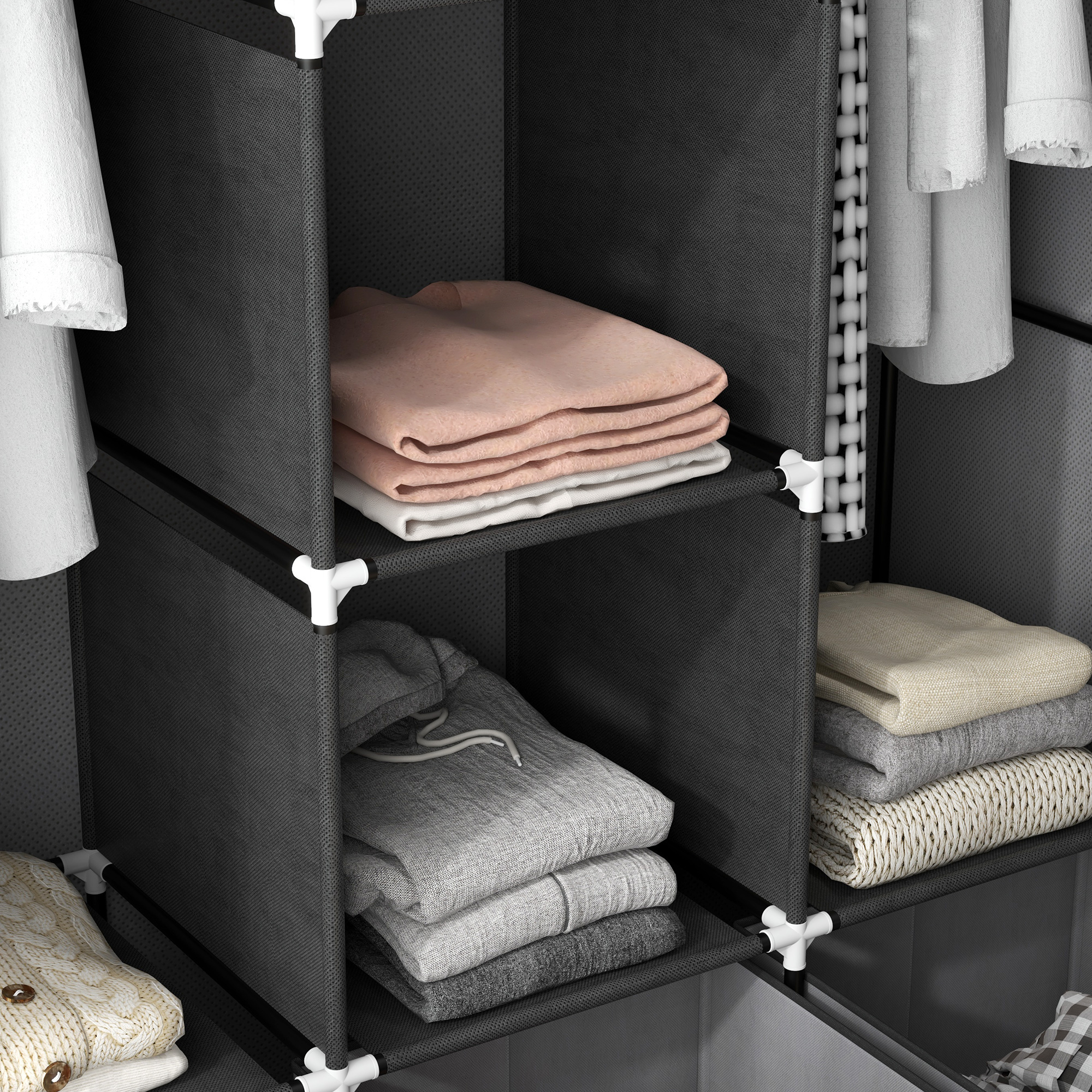 HOMCOM Armoire en Tissu avec 5 Compartiments, Tringle à vêtements, Fermeture éclair, Pliable, en Tissu, pour Chambre à Coucher, Dressing, 150 x 45 x 175 cm, Gris Clair