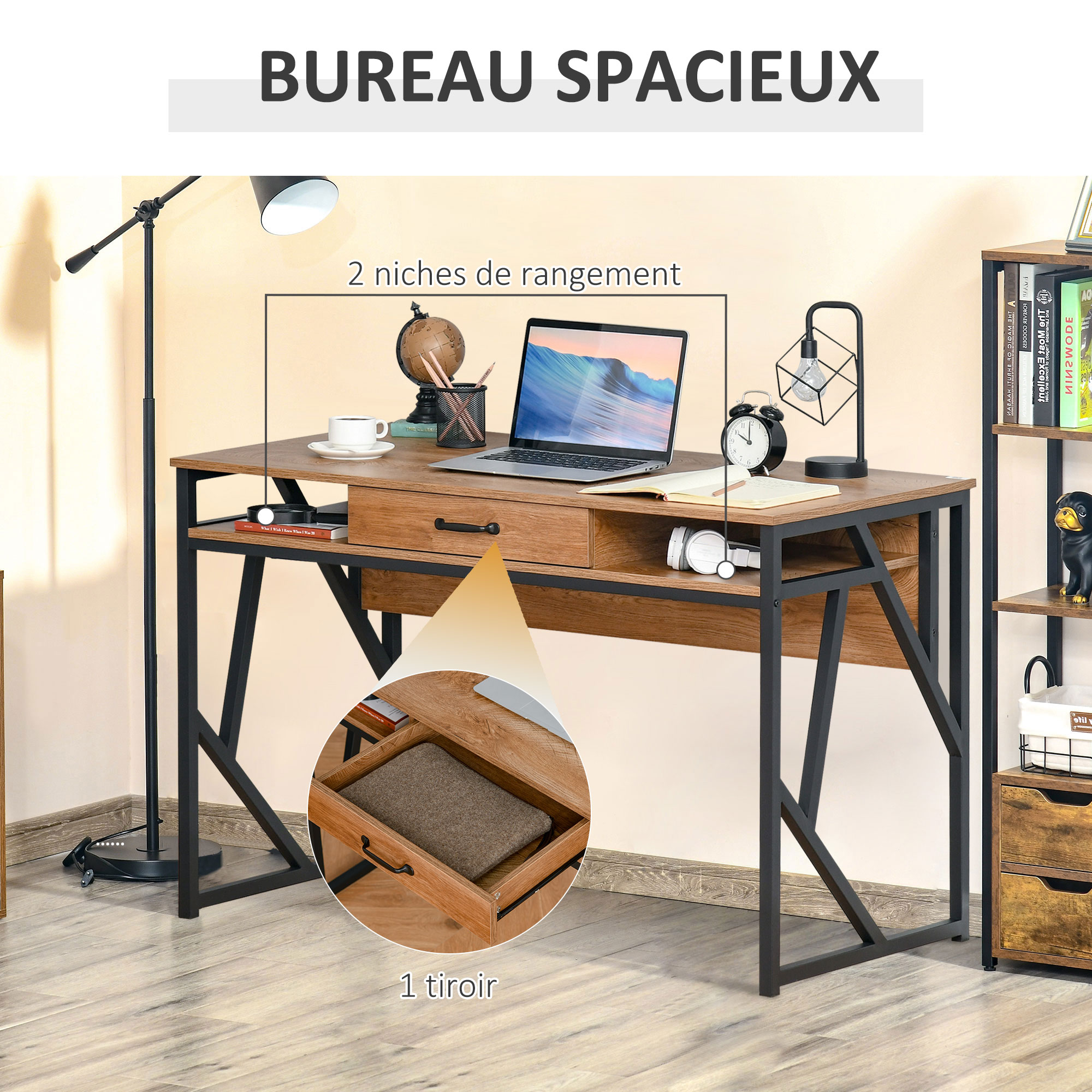 Bureau Droit Avec 3 Tiroirs – 170x80 Cm – Bois Marron – Porte Et étagère