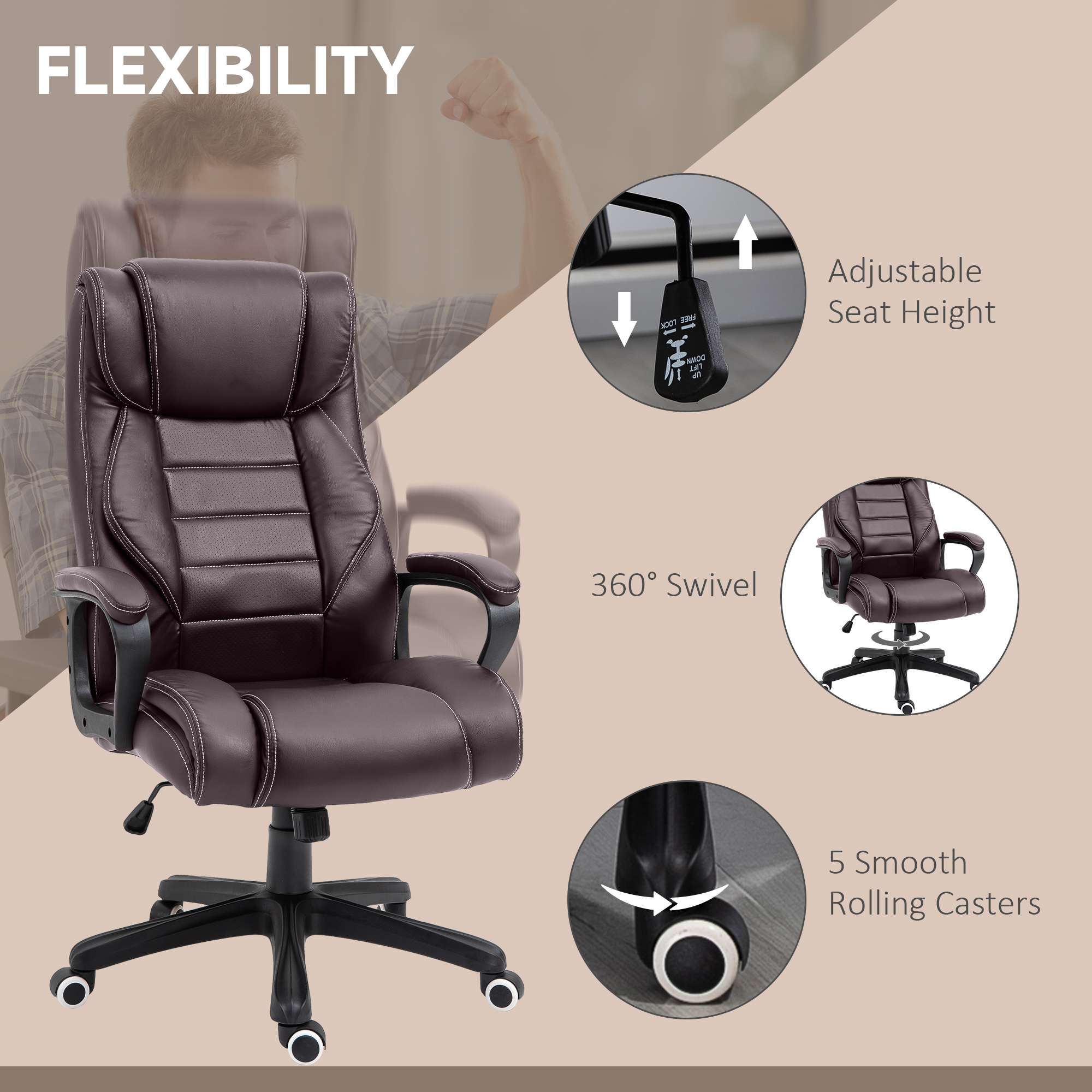 Vinsetto Office Chair with 6-Point Maaage, PU Desk Chair with Padded Seat and Armrest, Computer Chair with Tilt Function for Home, Brown 6