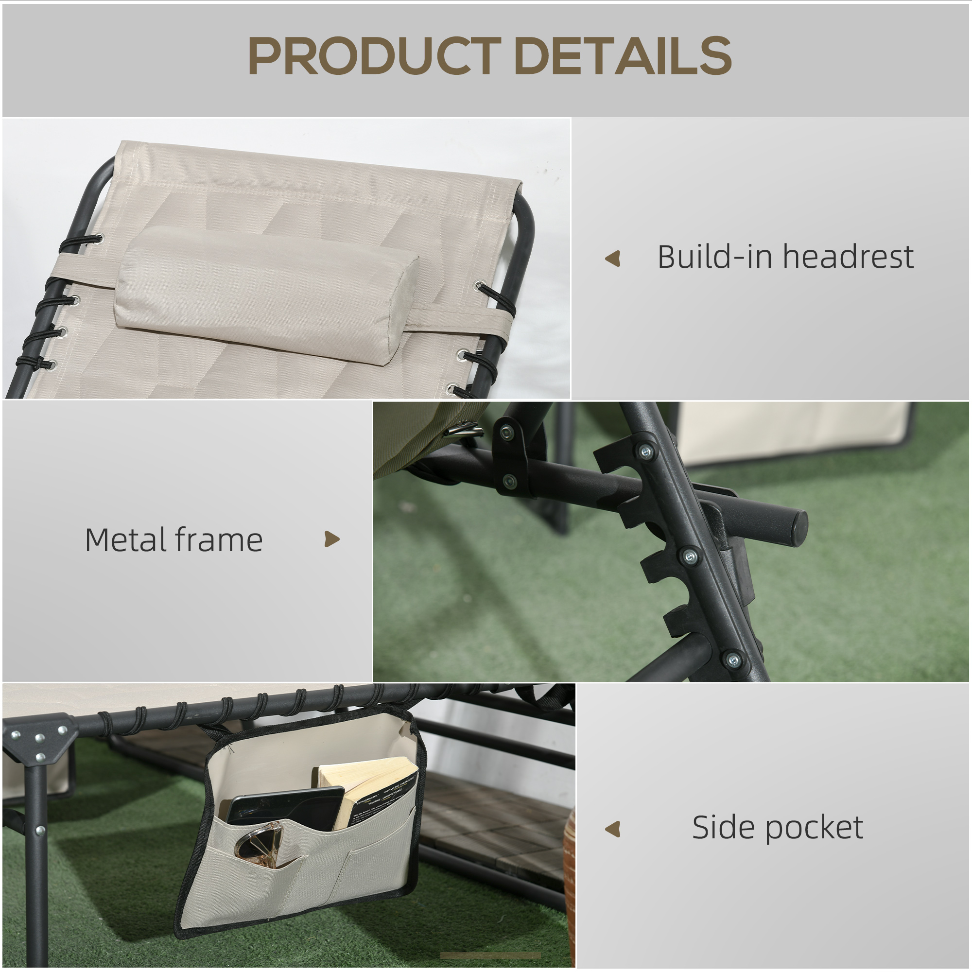 Outsunny Set of Two Sun Loungers, with Five-Position Reclining Backs Khaki 5
