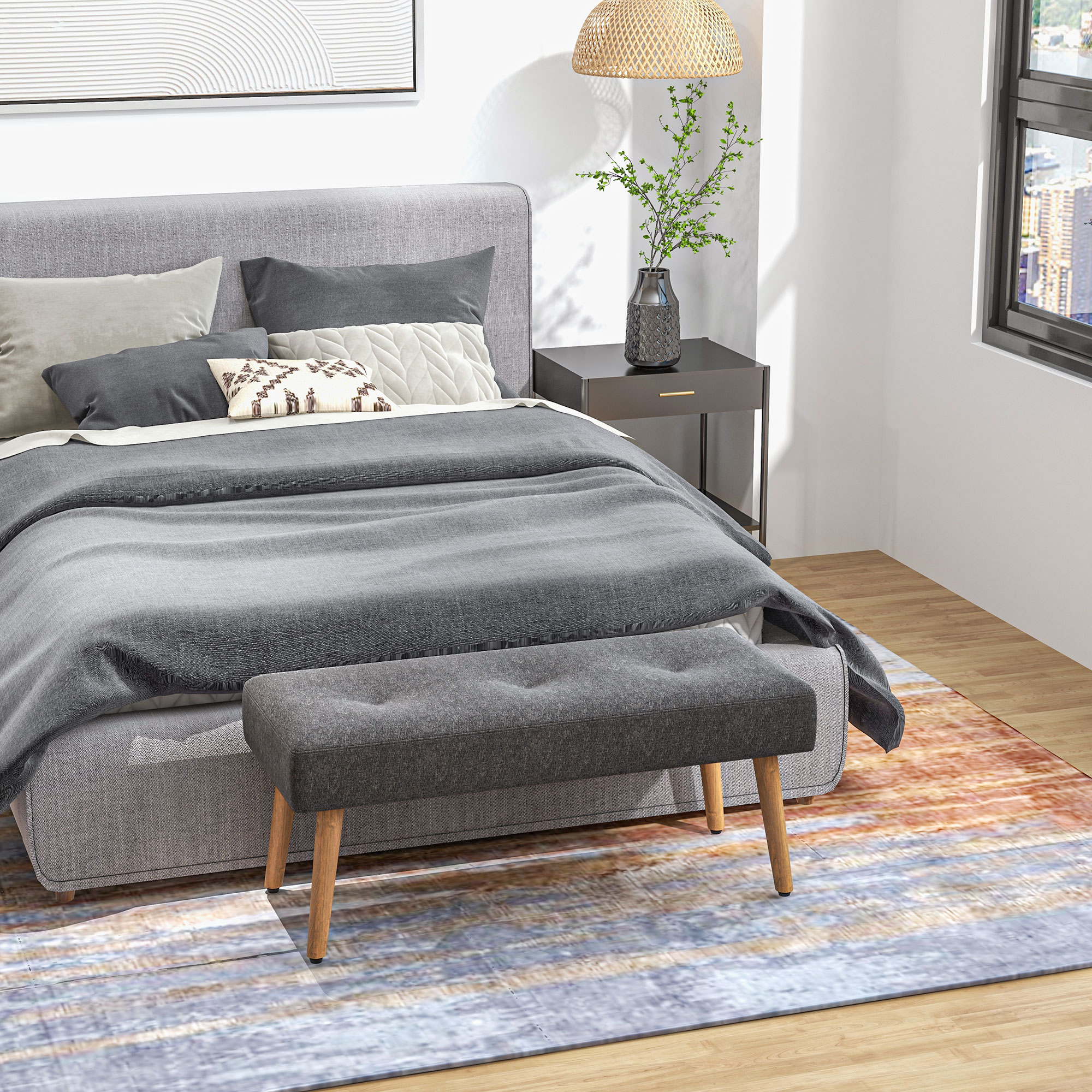 HOMCOM Multifunctional Bed End Bench Tufted Upholstered Shoe Bench Ottoman Footstool Linen Fabric for Entryway Living Room Grey 6