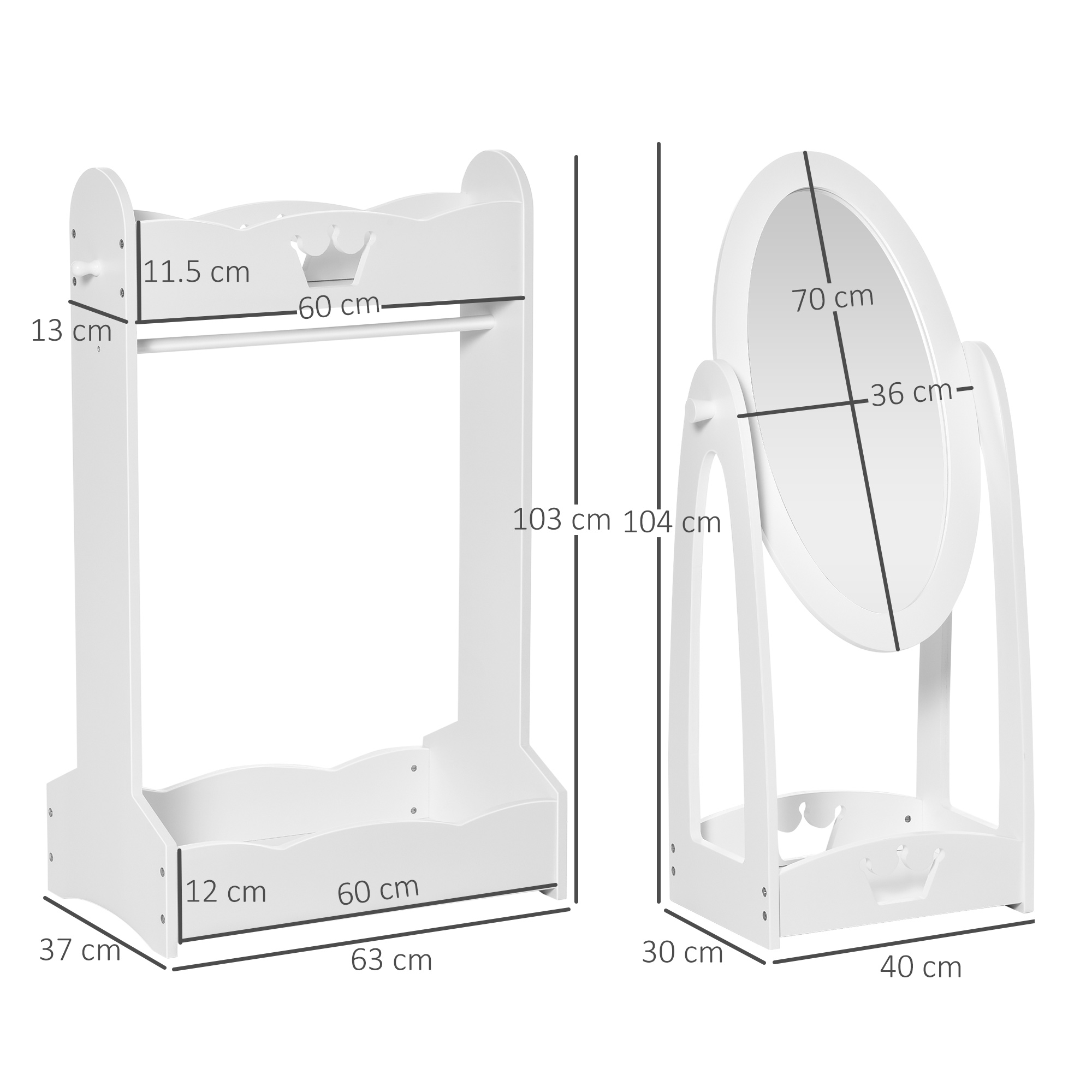 HOMCOM Kids Clothes Rail and Mirror Set 360° Rotation Free Standing Full Length Mirror and Hanging Rack with Storage Shelves Child's Dressing Mirror Garment Wardrobe White 3