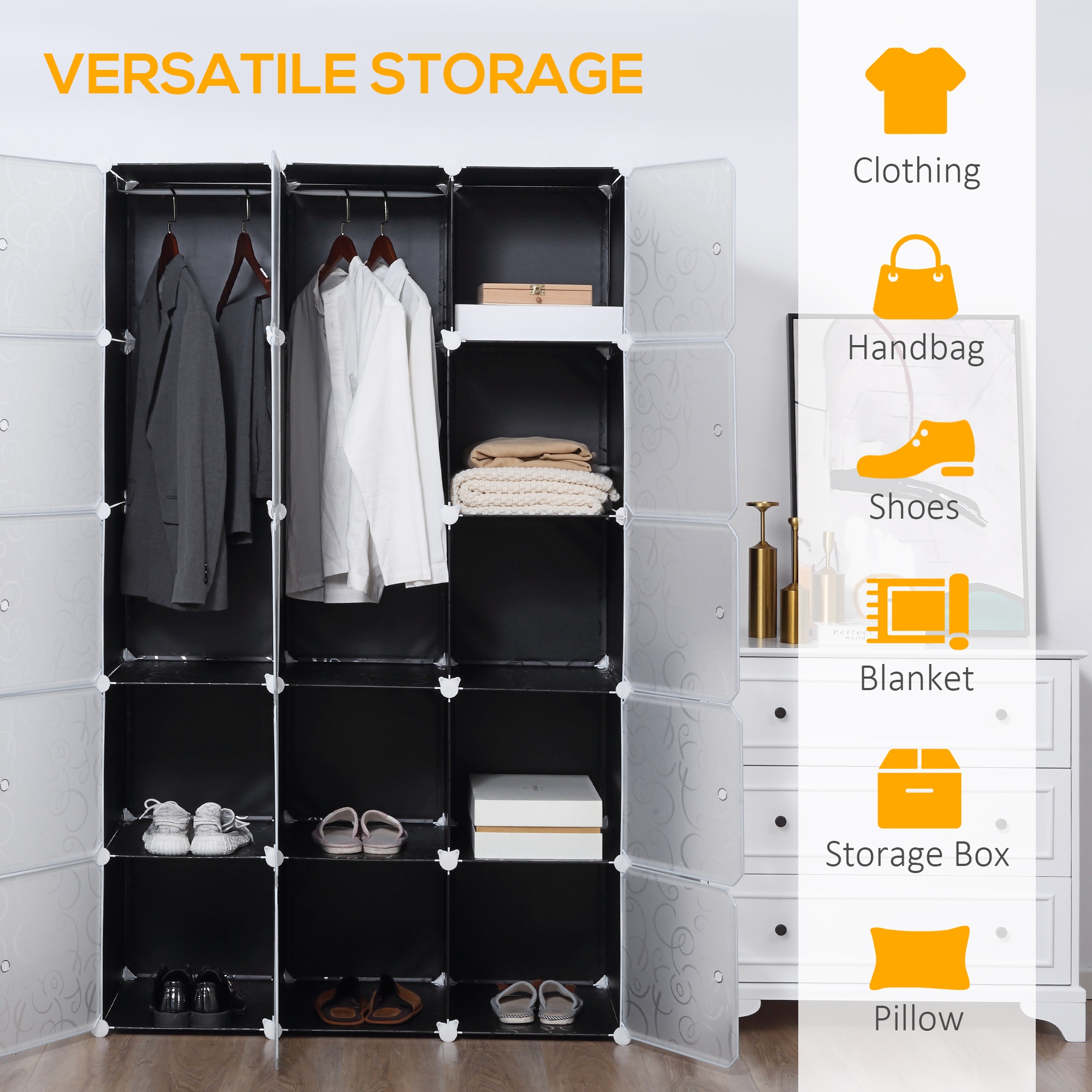 HOMCOM Portable Wardrobe for Bedroom, 15 Cube Closet with Hanging Rail, Modular Storage Cabinet, Plastic Armoire for Space Saving, White and Black 4