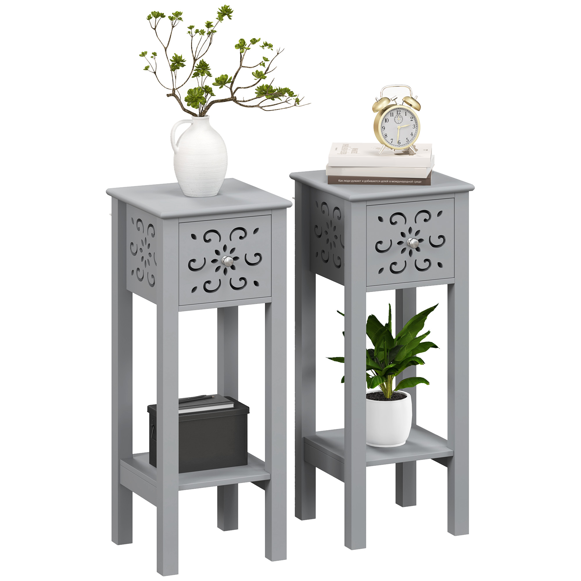 Product photograph of Homcom Set Of Two Elegant Floral Cut-out Side Tables - Grey from Aosom UK