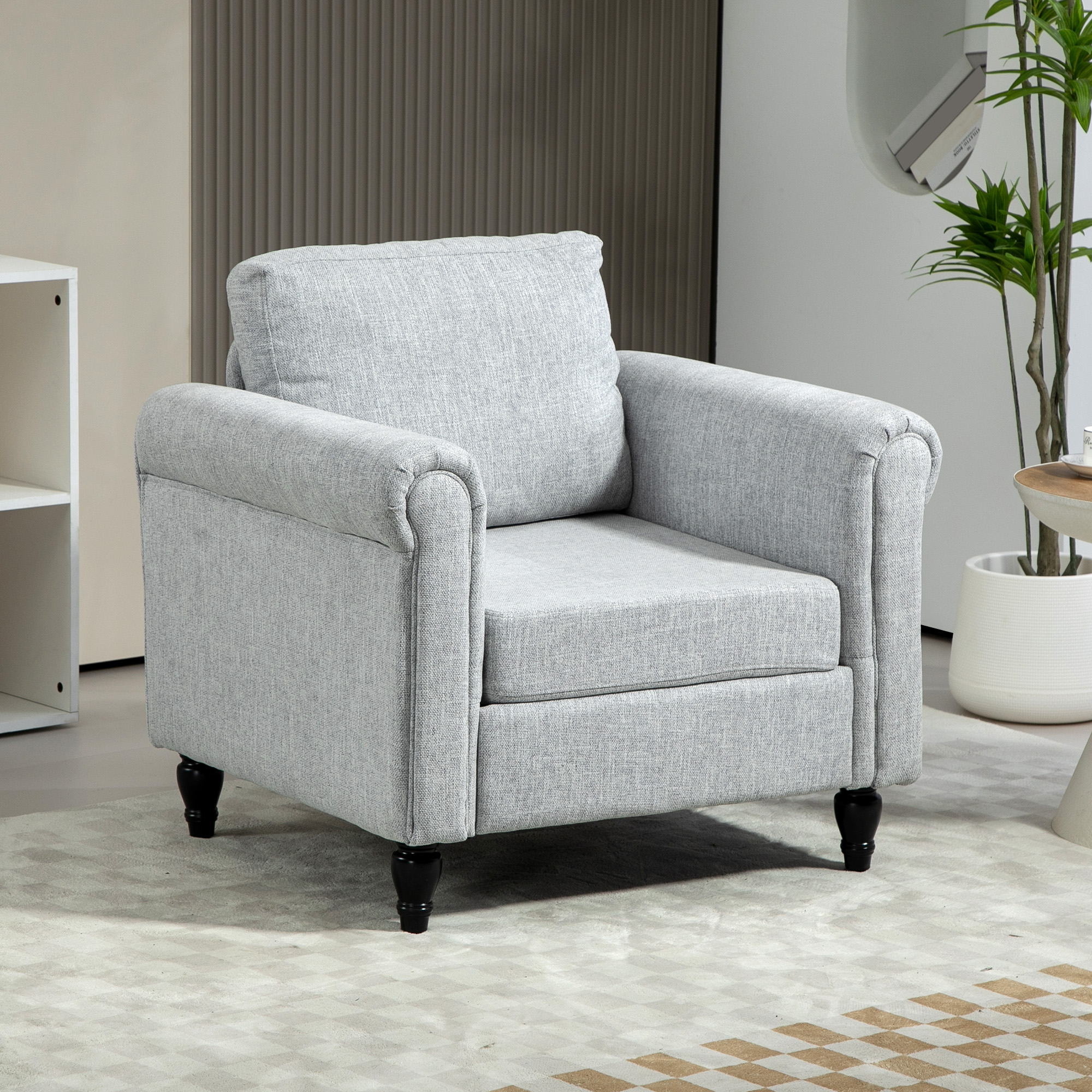 HOMCOM Vintage Accent Chair, Upholstered Occasional Chair with Back Pillow, Rolled Arms, Rubber Wood Legs, Light Grey 2