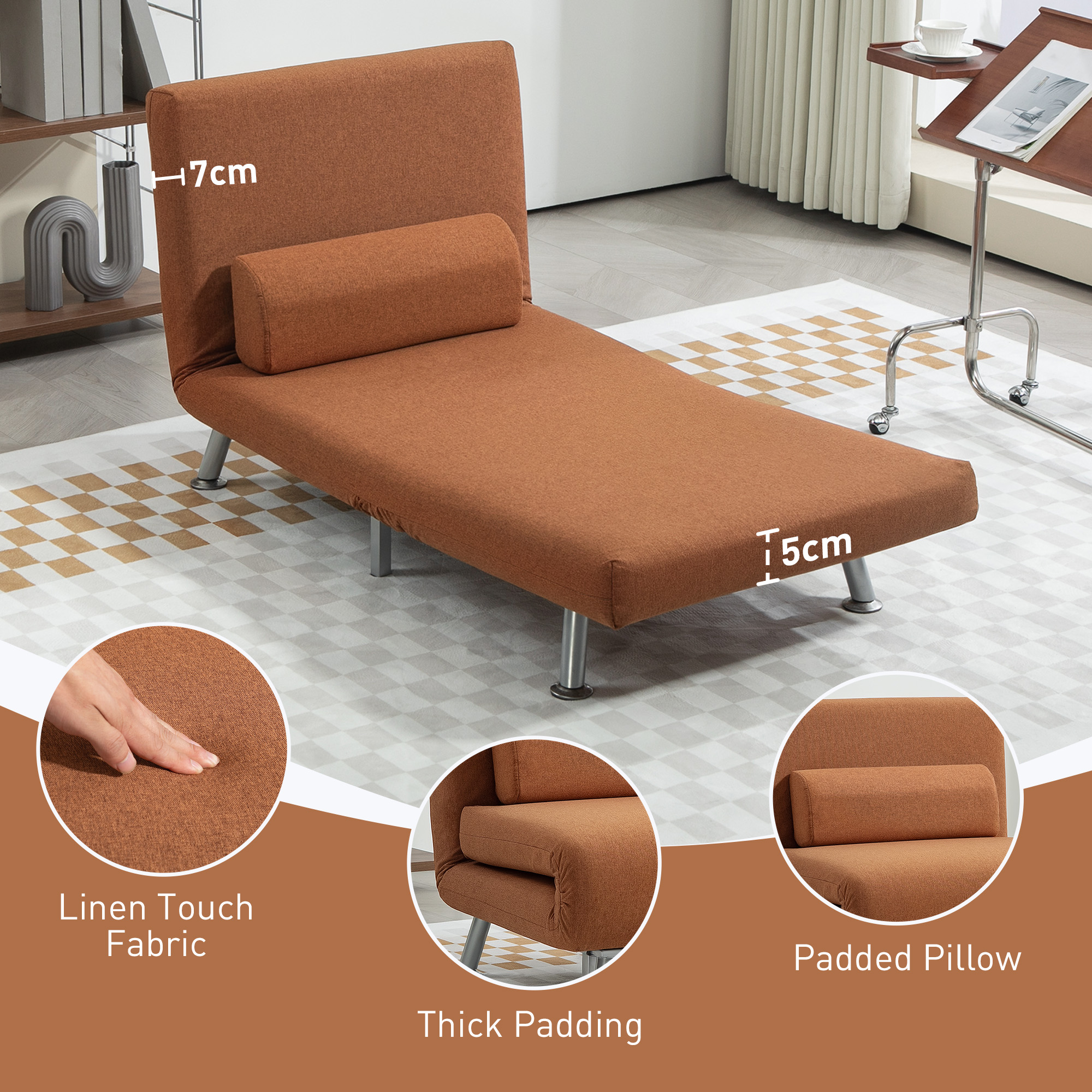 HOMCOM Single Linen-Feel Sleeper Chair Coffee 6