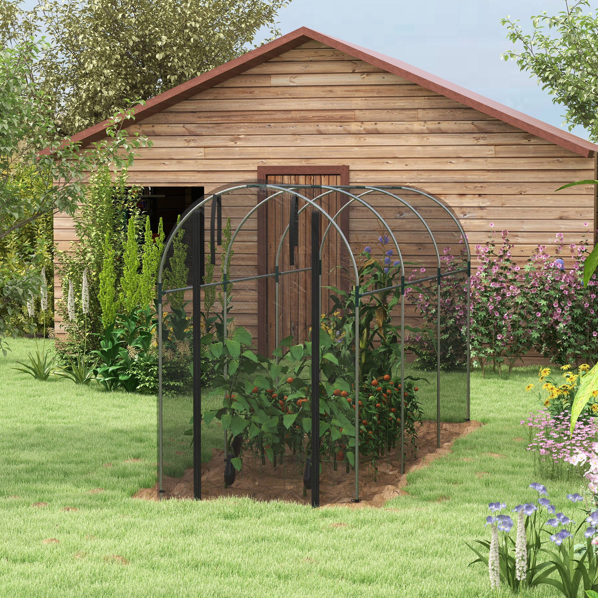 Outsunny 360 x 120cm Galvanised Steel Fruit Cage, Plant Protection Tent with Zipped Door, Black 8