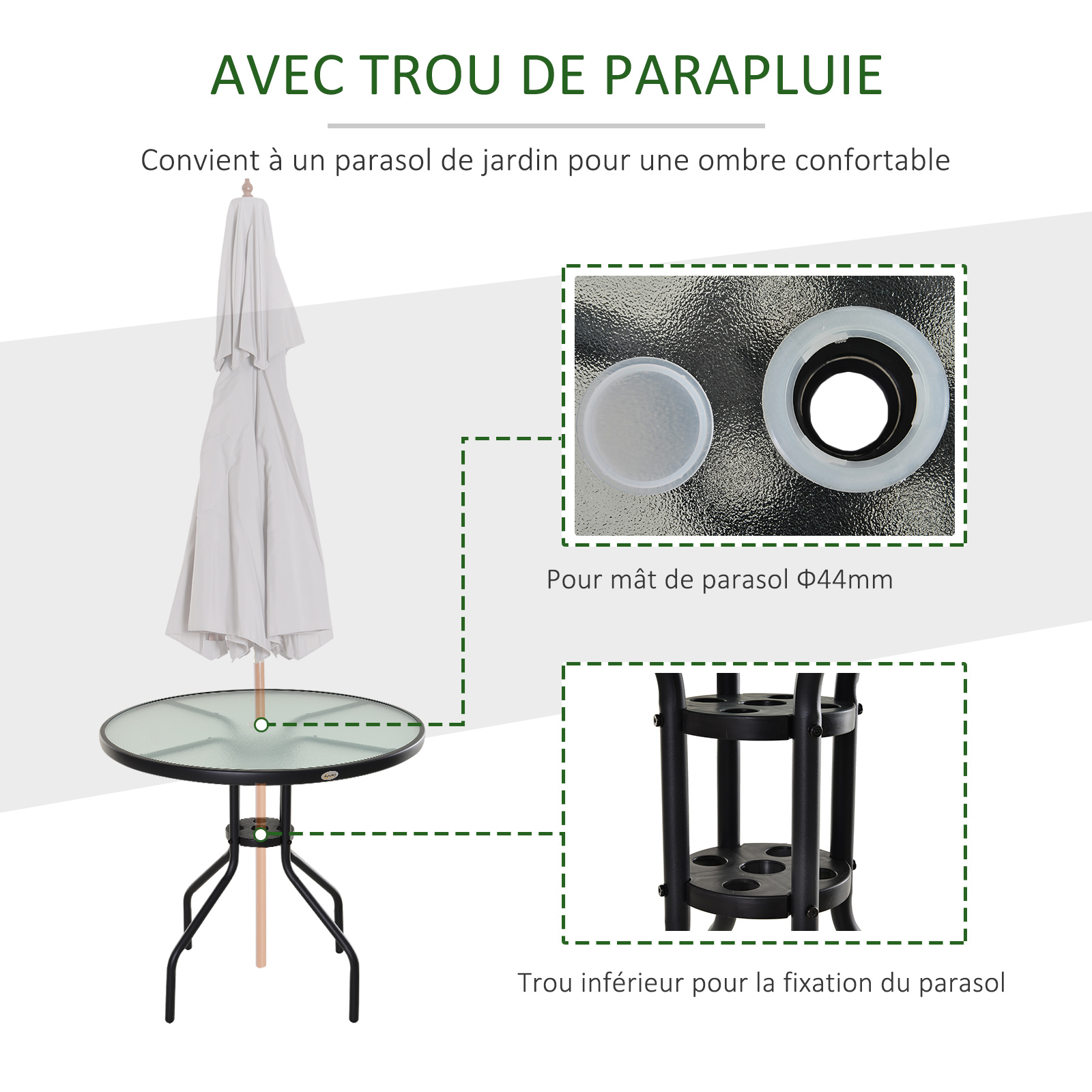 Outsunny Table à Manger De Jardin Ronde 80cm Avec Trou Parasol - Plateau Verre Trempé, Idéale Patio Et Terrasse, Noir