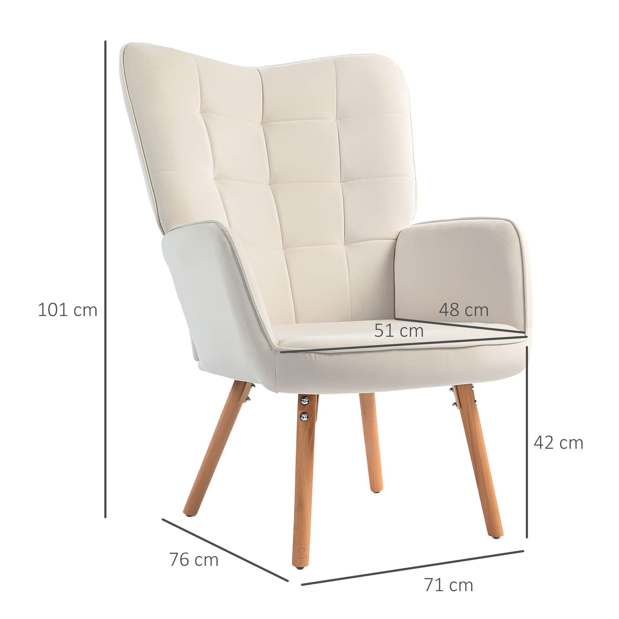 HOMCOM Modern Accent Chair, Upholstered Tufted Wingback Armchair with Seat Padding, Velvet Leisure Lounge Bedroom Chair with Wood Legs, Cream White 3