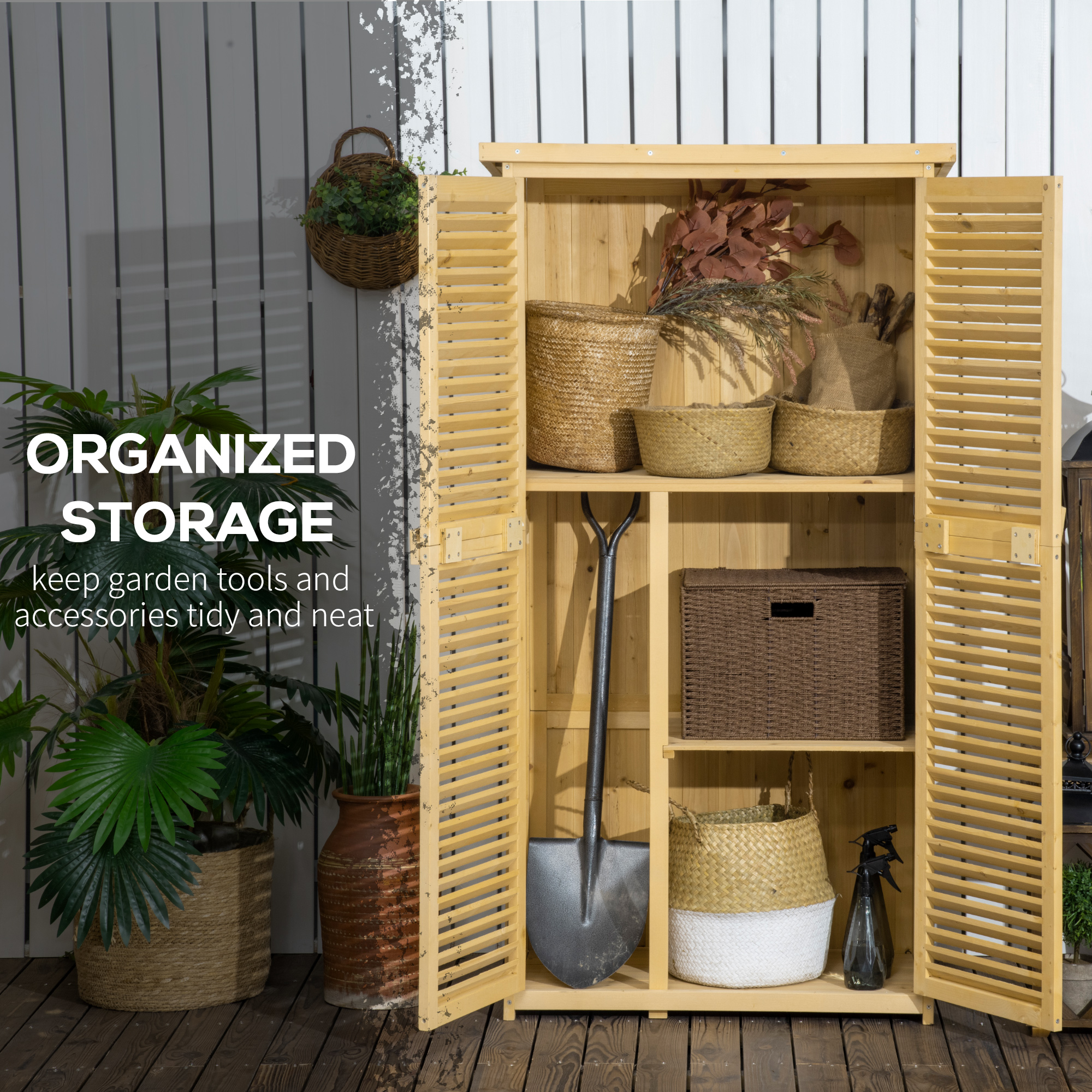 Outsunny 87 x 47 x 160cm Wooden Garden Shed, Sheds & Outdoor Storage with Asphalt Roof and 2 Lockable Doors, Natural 5