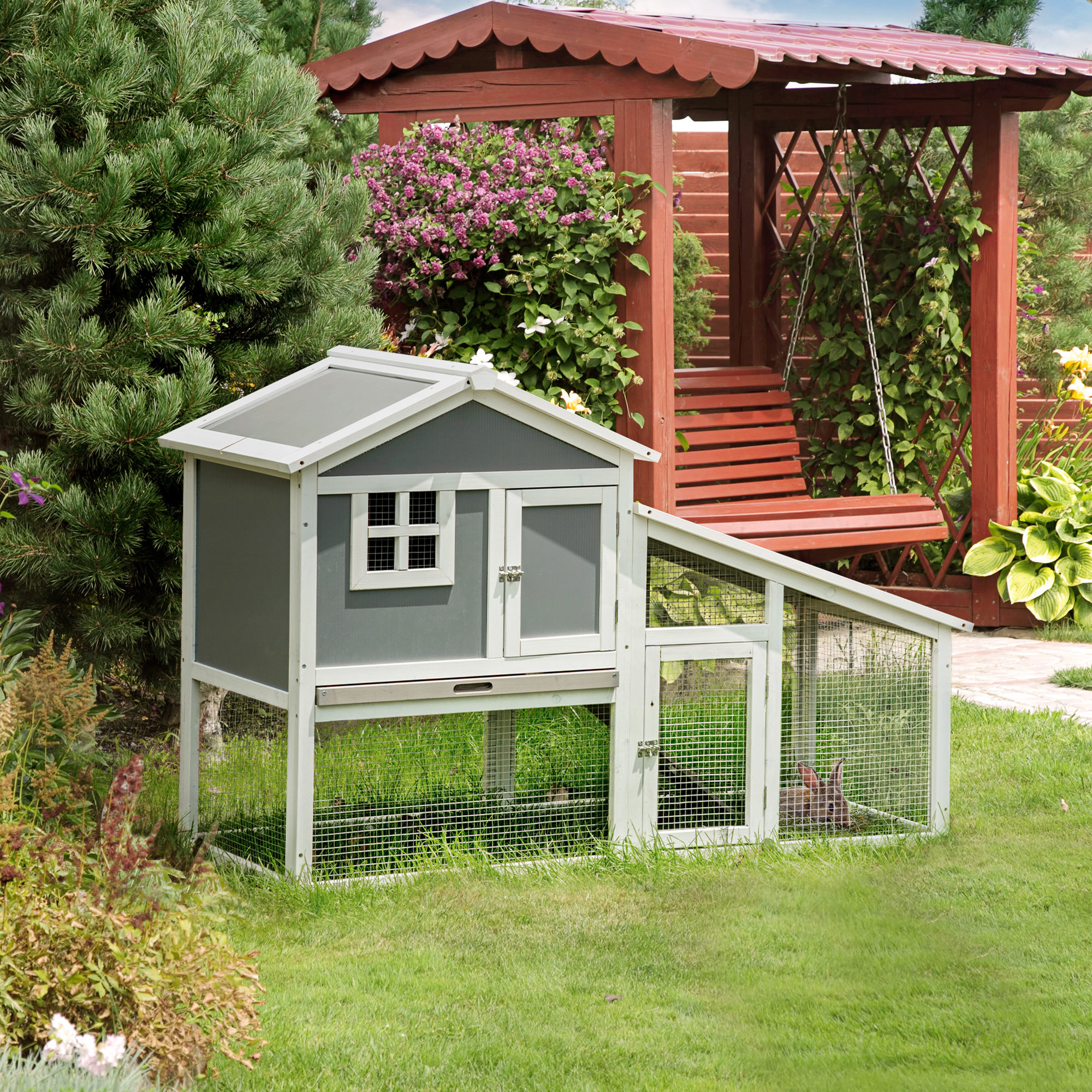 PawHut Two-Tier Rabbit Hutch, with Sunlight Panel Roof, Slide-Out Tray Grey 2