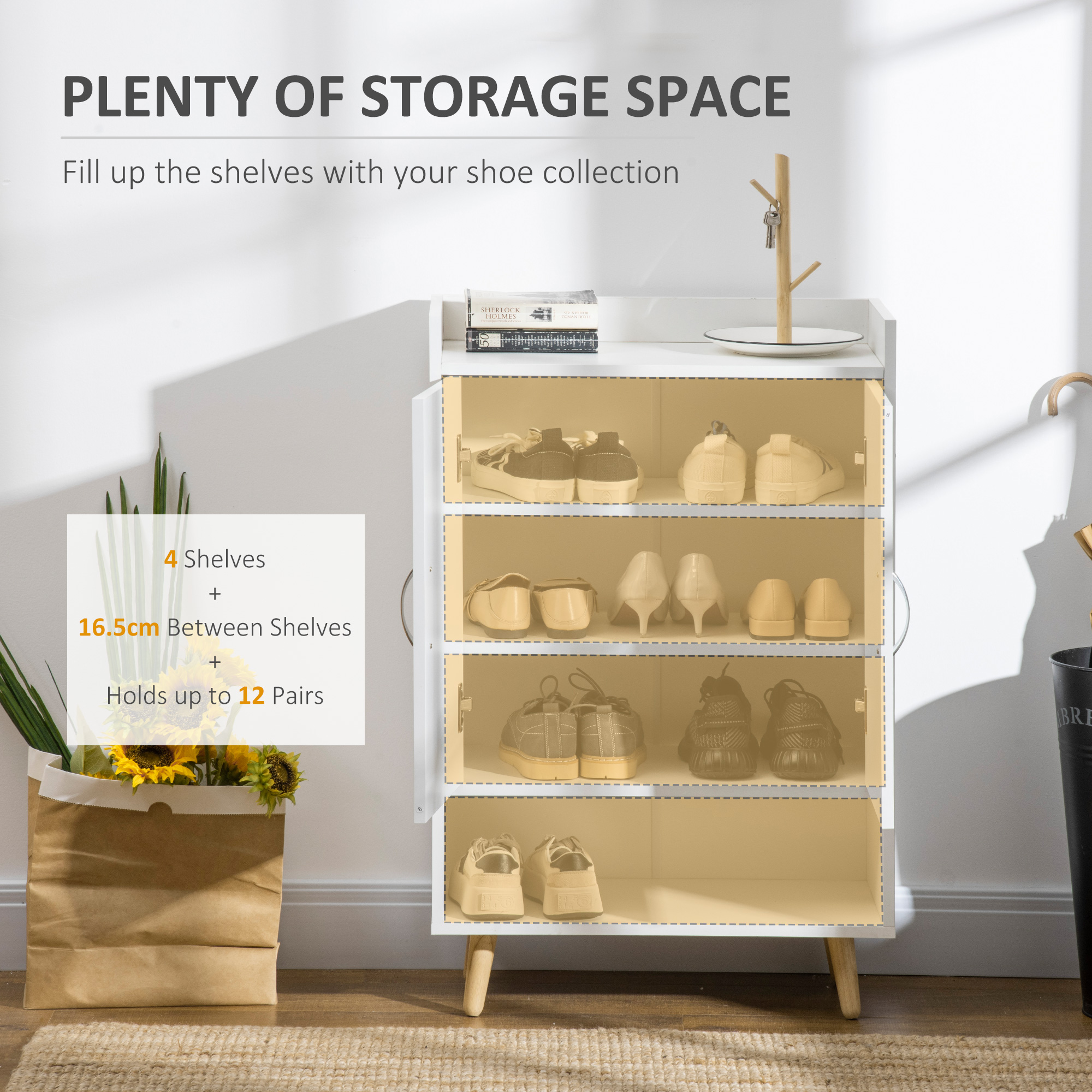 HOMCOM Modern Shoe Cabinet Storage Organizer with Doors and Shelves for Hallway & Entryway, 60L x 30W x 92Hcm, White 4