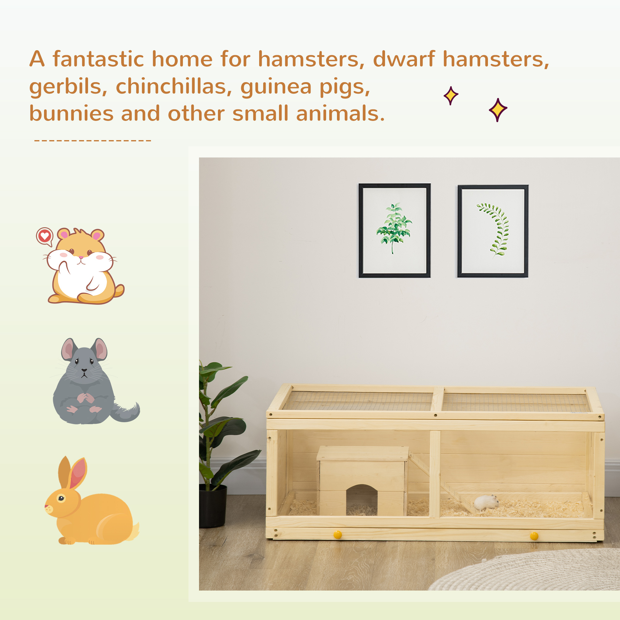 PawHut Wooden Hamster Cage with Sliding Tray, Openable Top, Hut for Syrian Hamster, Natural Wood Finish 4