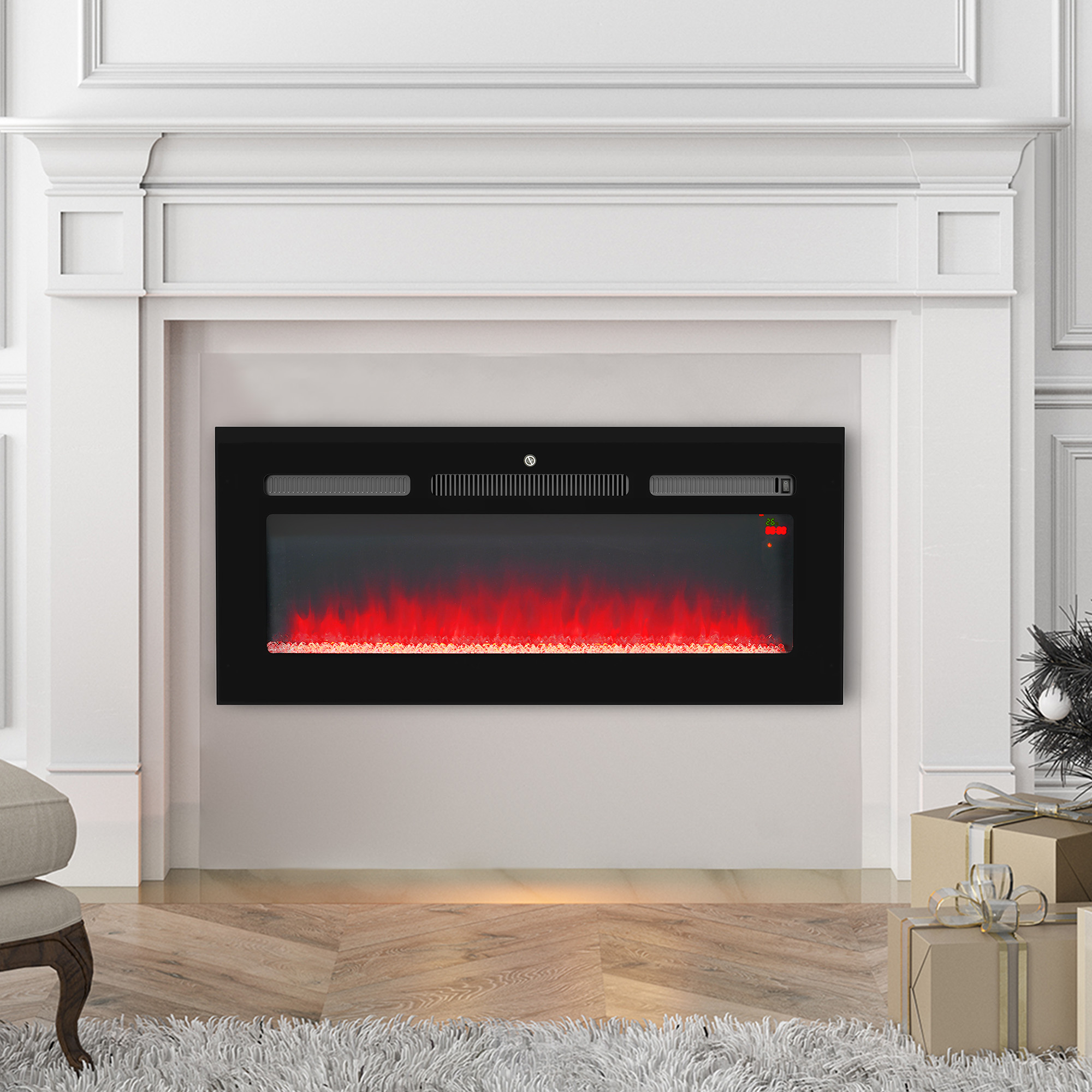 HOMCOM 102cm/40" Electric Fireplace, 2000W Recessed and Wall Mounted Electric Fire with Remote Control, 9 Flame Colour and Crystal, Black 9