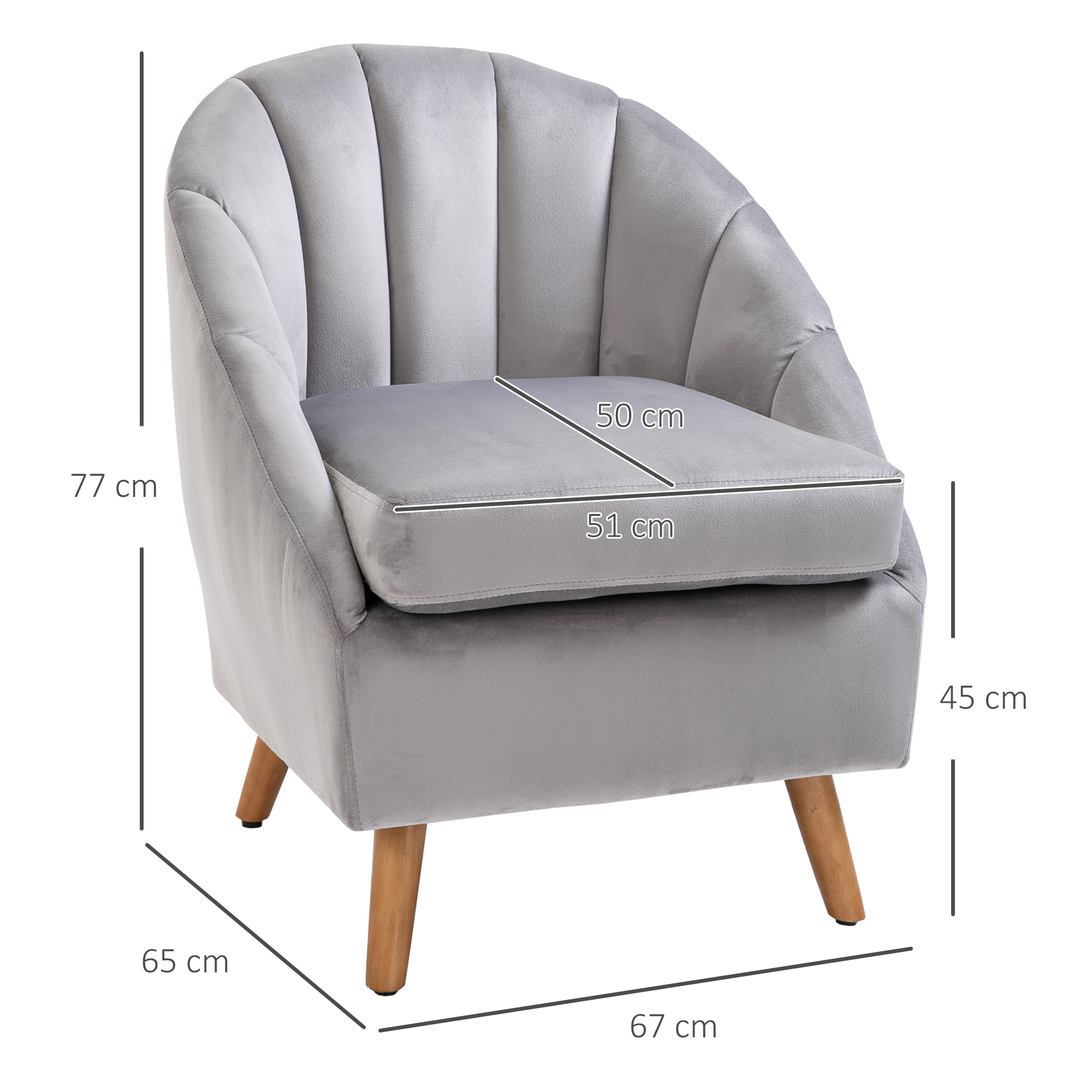 HOMCOM Accent Chair Velvet Fabric Single Sofa Armchair Home Living Room Solid Wood Leg Upholstered Side Armchair Grey 3
