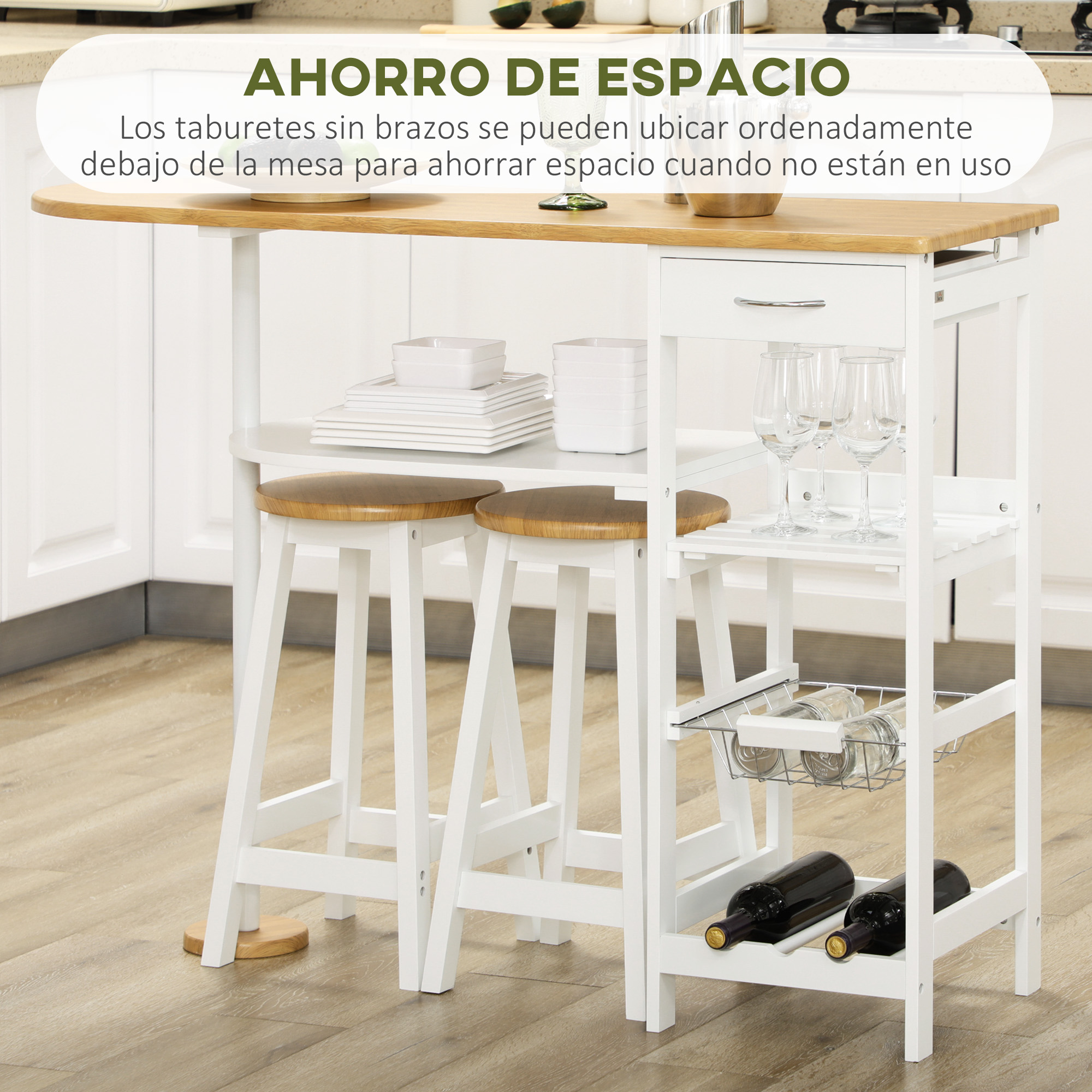 Isola Cucina Compatta VIRSUS Set Penisola Cucina Con 2 Sgabelli - 119x38. 5x88.5 Cm, Bianco/Rovere, MDF Laminato Cestello Portabottiglie - 8