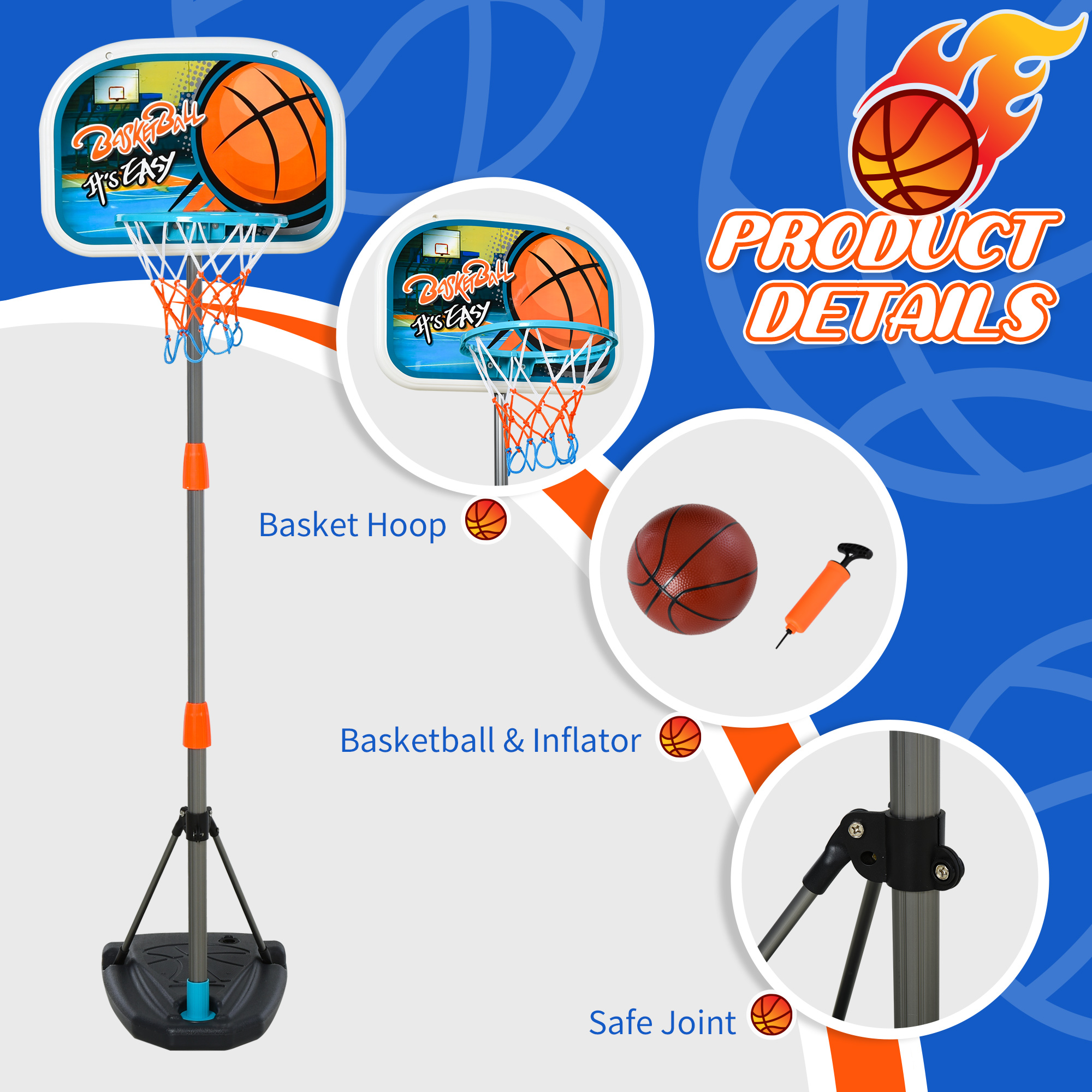 HOMCOM Kids Basketball Hoop and Stand Portable Basketball Stand Set w/ Ball Pump Netting Backboard Adjustable Height from 126 cm to 158 cm 7