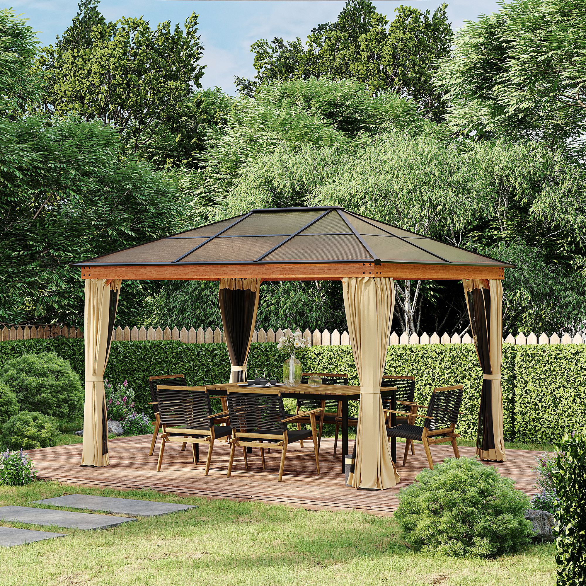 Outsunny 3 x 3.6 m Hardtop Gazebo Canopy, Polycarbonate Roof Garden Pavilion with Aluminium and Steel Frame, Nettings and Sidewalls for Garden, Patio, Khaki 2