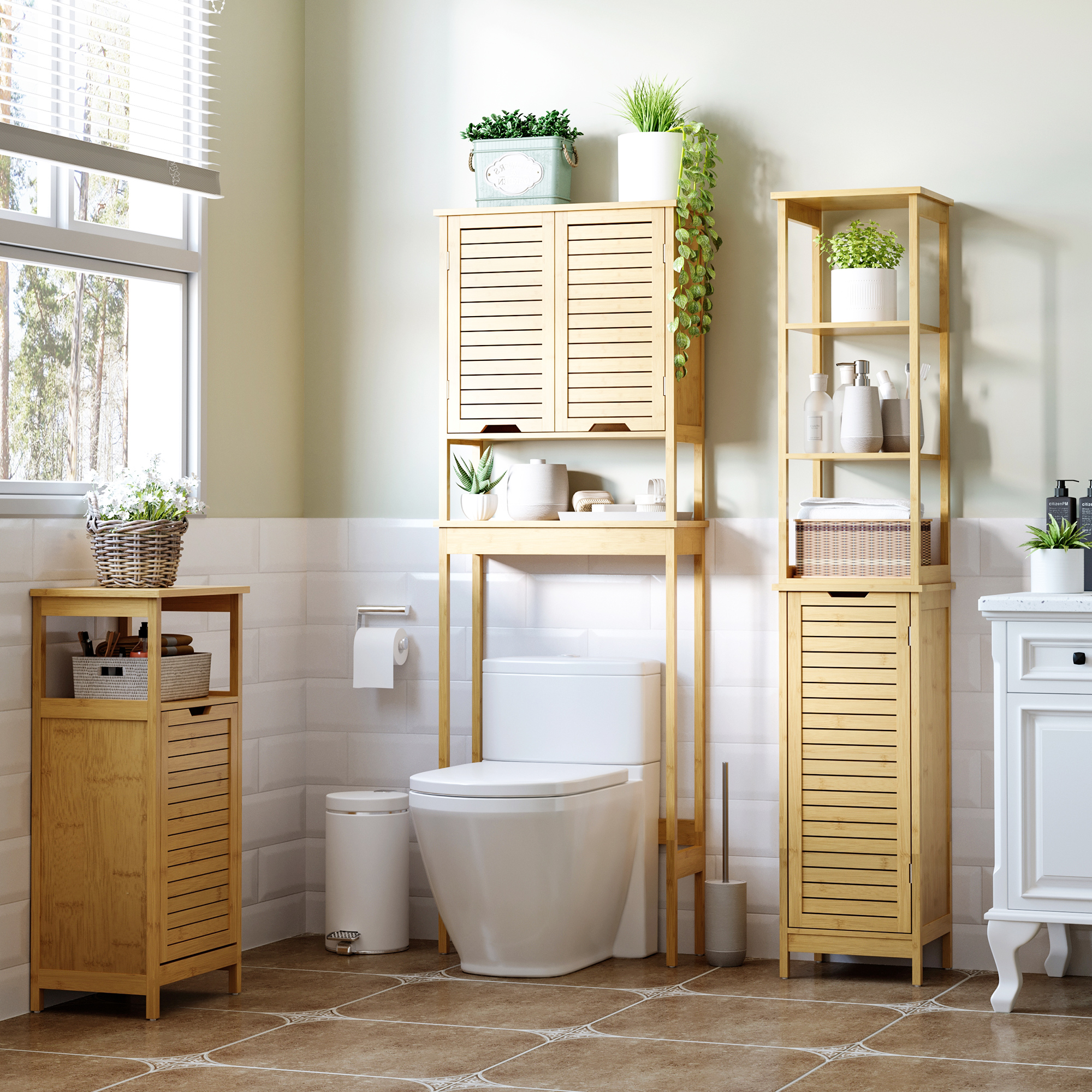 kleankin Tall Bathroom Cabinet, Slim Storage Cabinet, Tallboy Bamboo Storage Unit with 3-Tier Storage Shelves and Freestanding Organiser, Natural 4