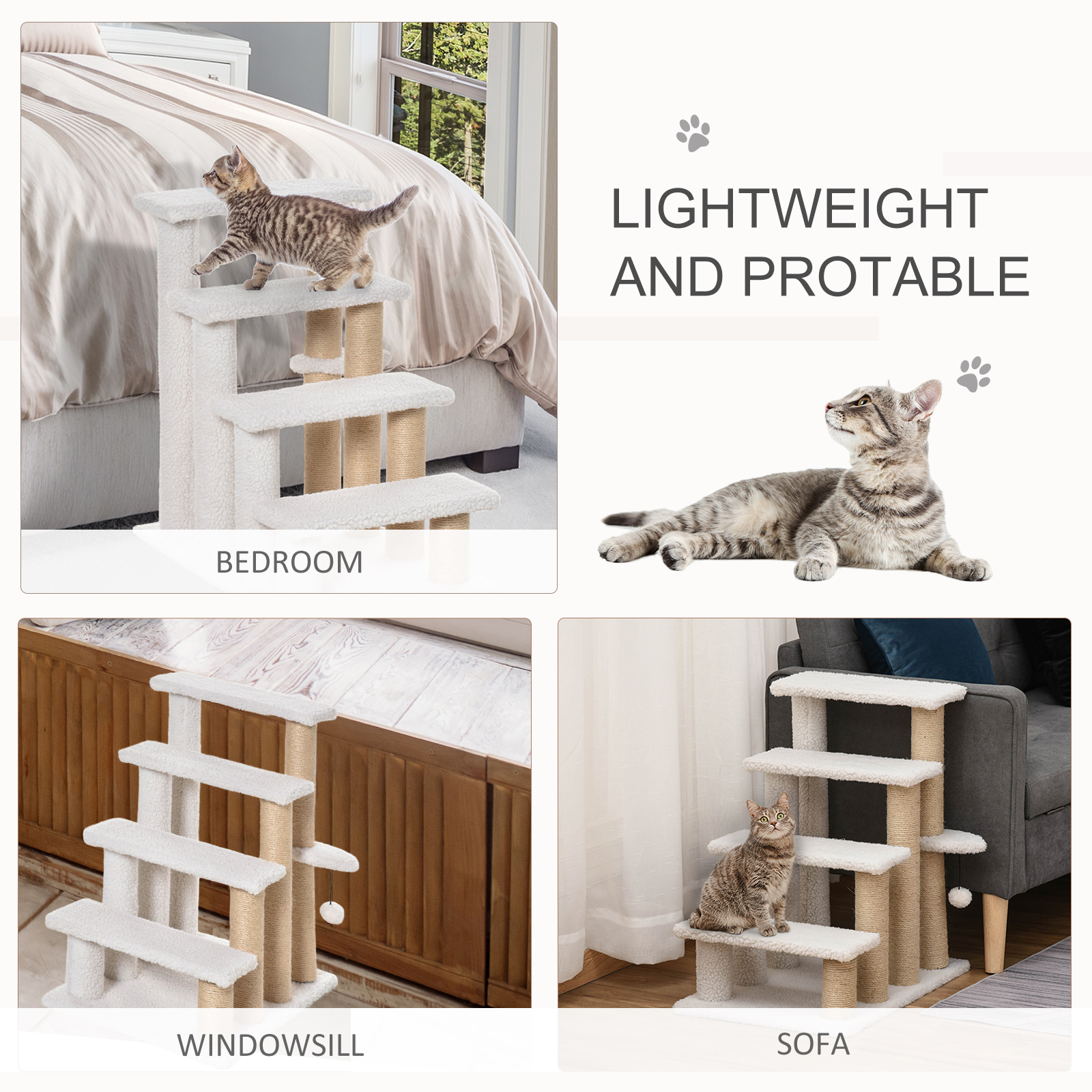 PawHut Pet Stair with 4-step Climb Ladder, Scratching Posts, Platforms, Toy Ball, for Indoor Elderly Cats Kittens, White 7