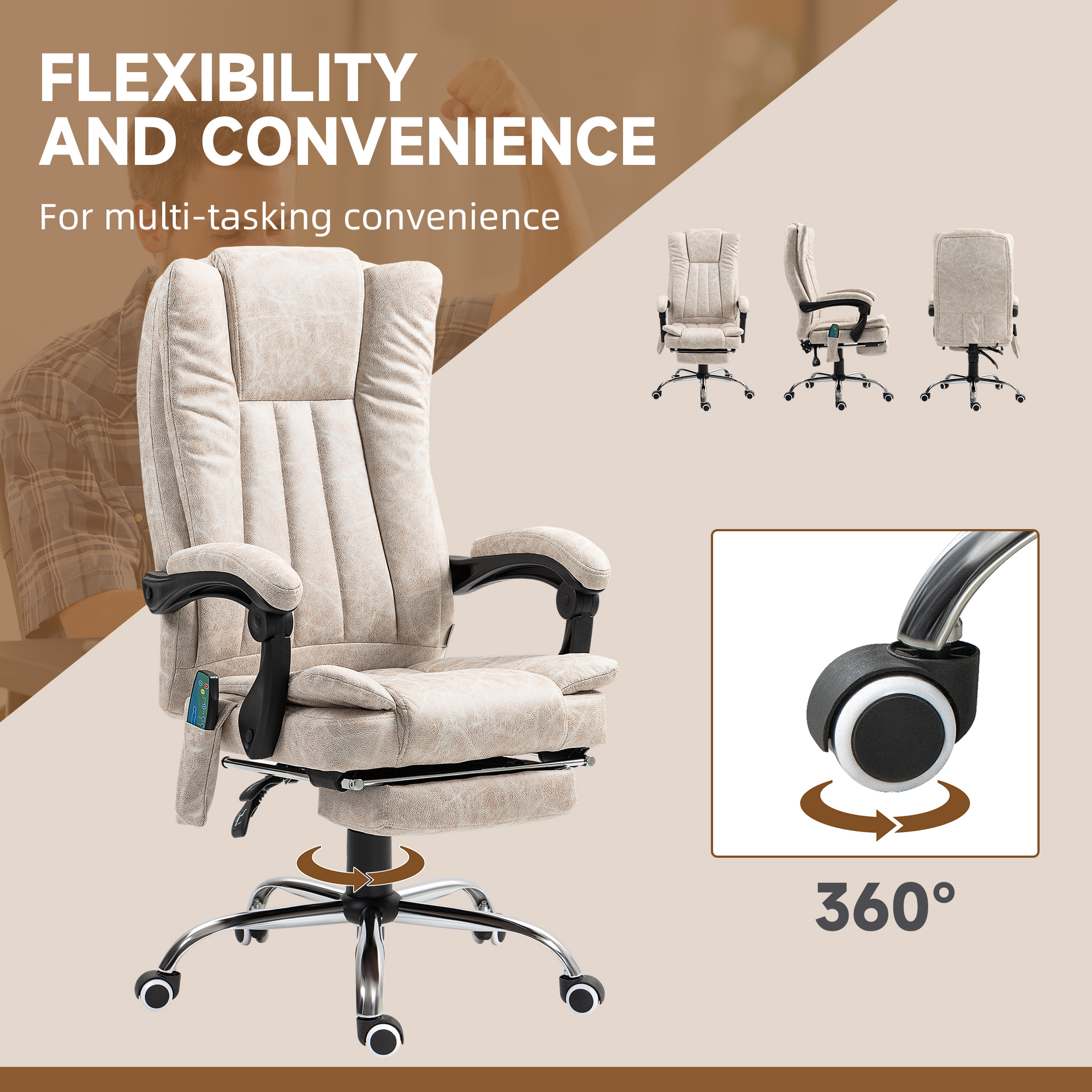 Vinsetto Vibrating Massage Office Chair with Heat, Desk Chair with Height Adjustable and Footrest, Cream White 6