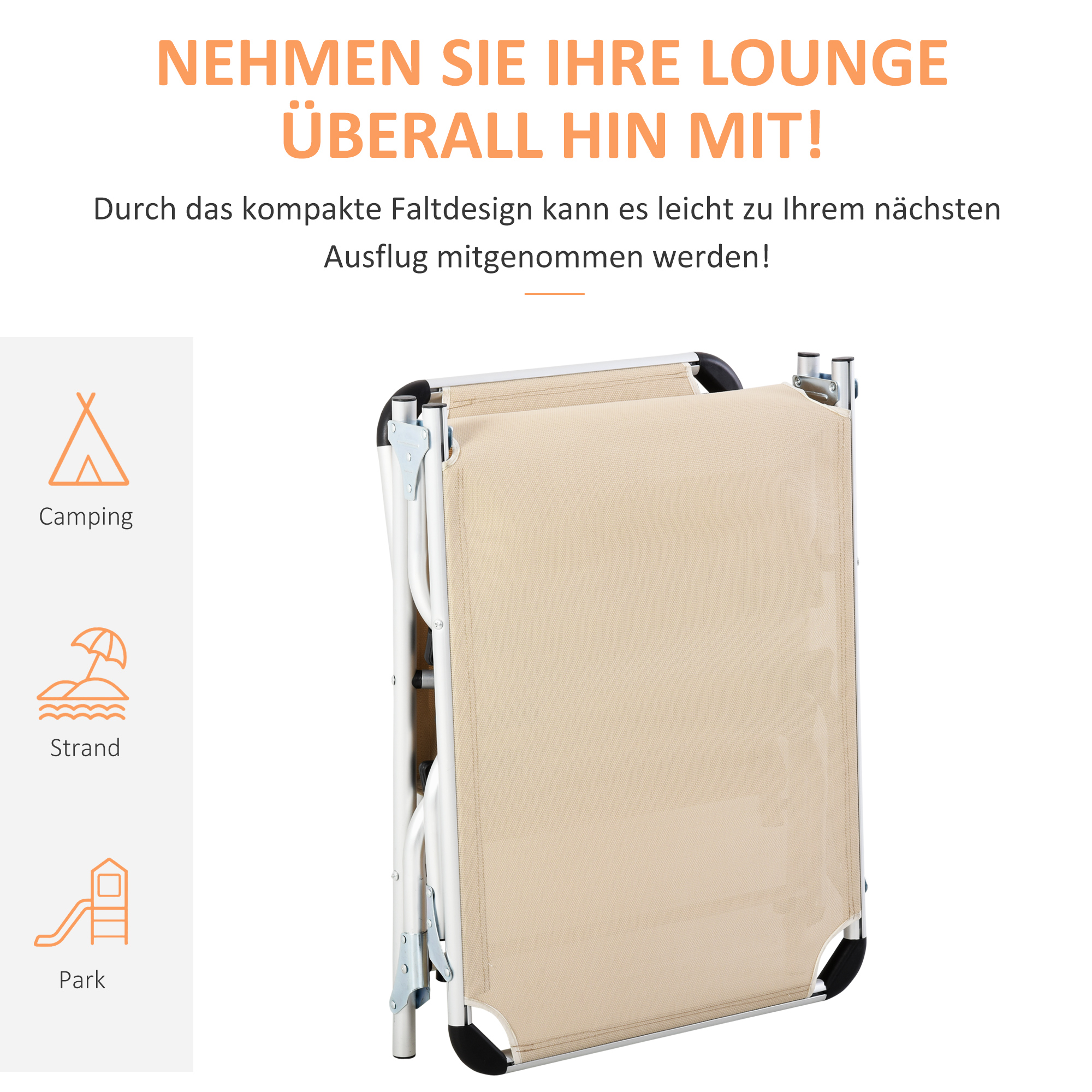 Kokkupandav lamamistool, aiatool peatoega, ergonoomiline lõõgastustool 4-positsioonilise reguleeritava seljatoega, alumiinium, kandevõime kuni 120 kg, aia, terrassi, basseini, ranna jaoks, beež