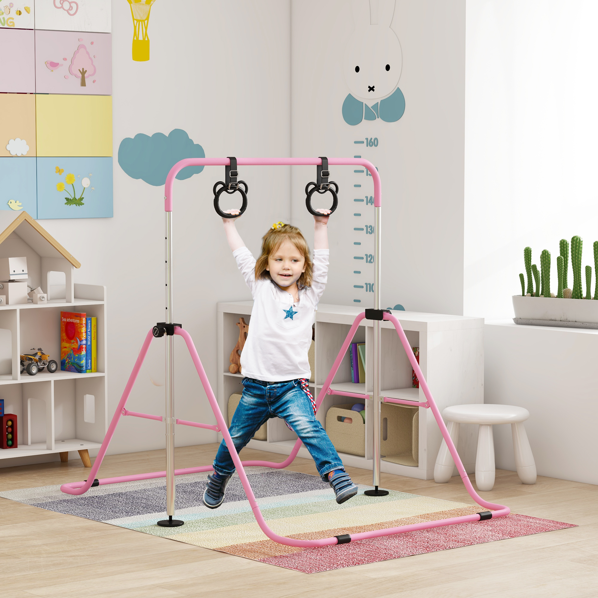 HOMCOM Adjustable Height, Foldable Kids Gymnastics Bar w/ Non-slip Rubber Floor Rings, for 3+ Years, Pink 2